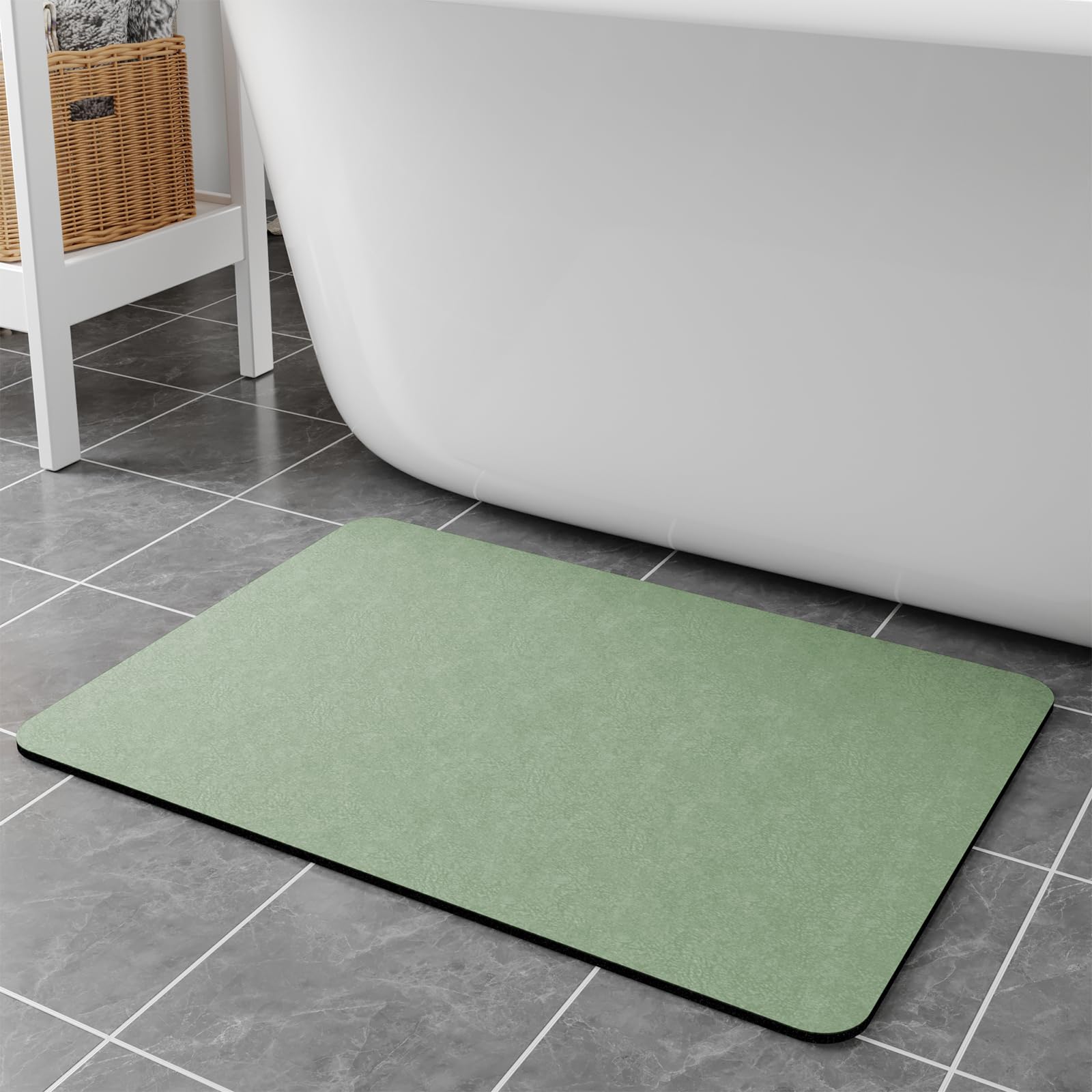 Diatomaceous Earth Bath Mat - Quick Dry Absorbing 32x17 Non Slip Thin Bathroom Rug, Fit Under Door, Sage Green