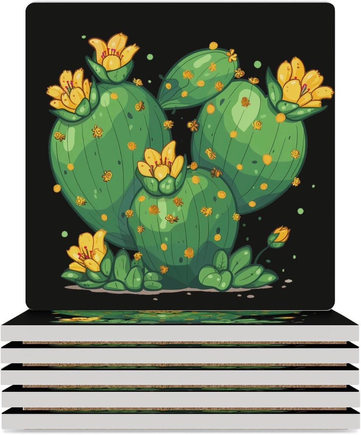 Cactus with Yellow Desert Flower Coaster for Drinks Square Ceramic Table Coasters Stone Mat Crafts 4PCS Home Kitchen Decor