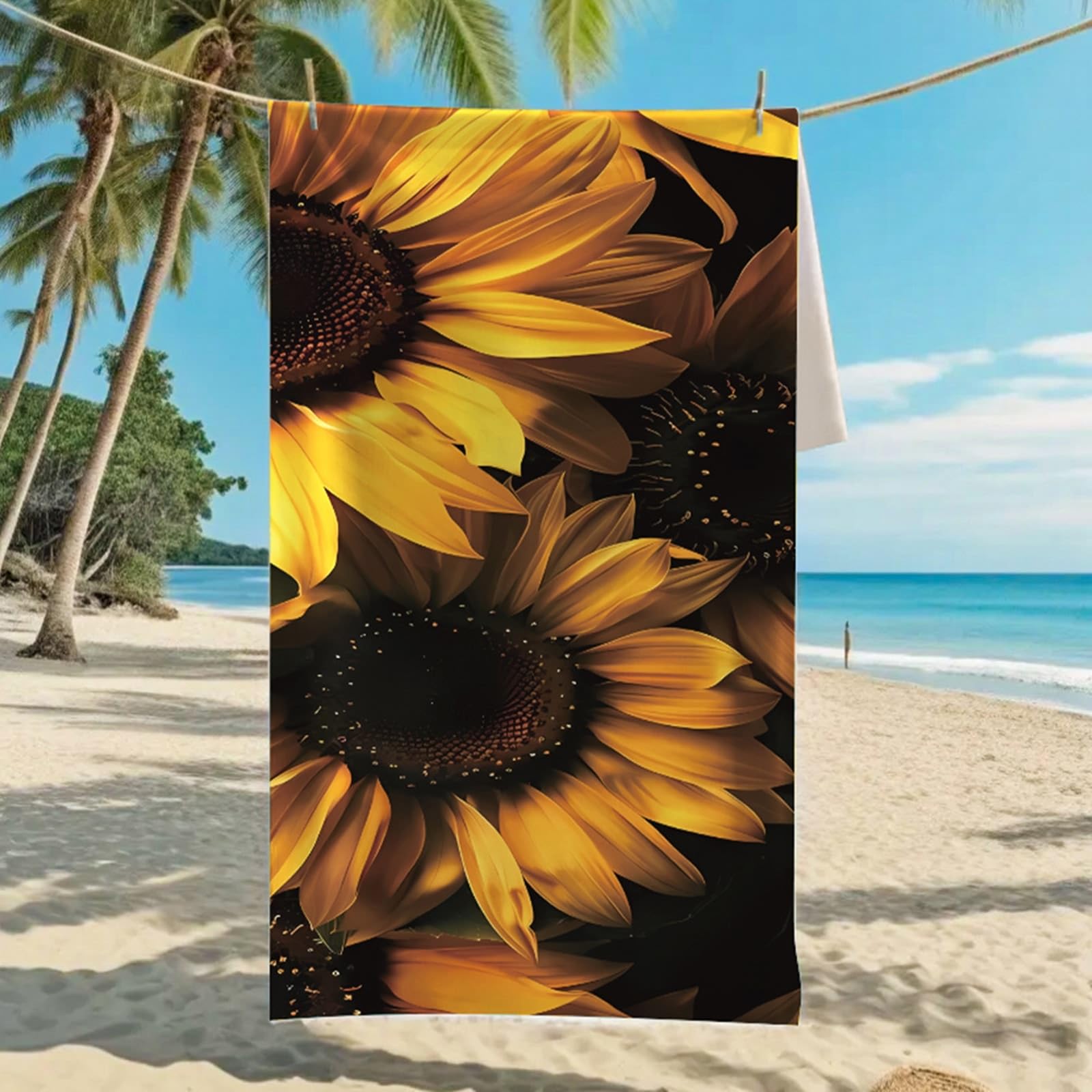 AMDXD Toallas de playa, color amarillo y negro, diseño de flores de sol, microfibra, base de playa, toalla de ducha para playa/piscina/sillas de playa, 80 x 160 cm