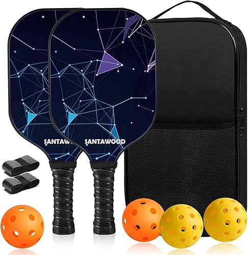 Miniatura 8 de Juego de 2 palas de pickleball de fibra de vidrio, 2 raquetas de pickleball, 4 bolas, 2 agarres y 1 bolsa de transporte portátil, paquete de 2