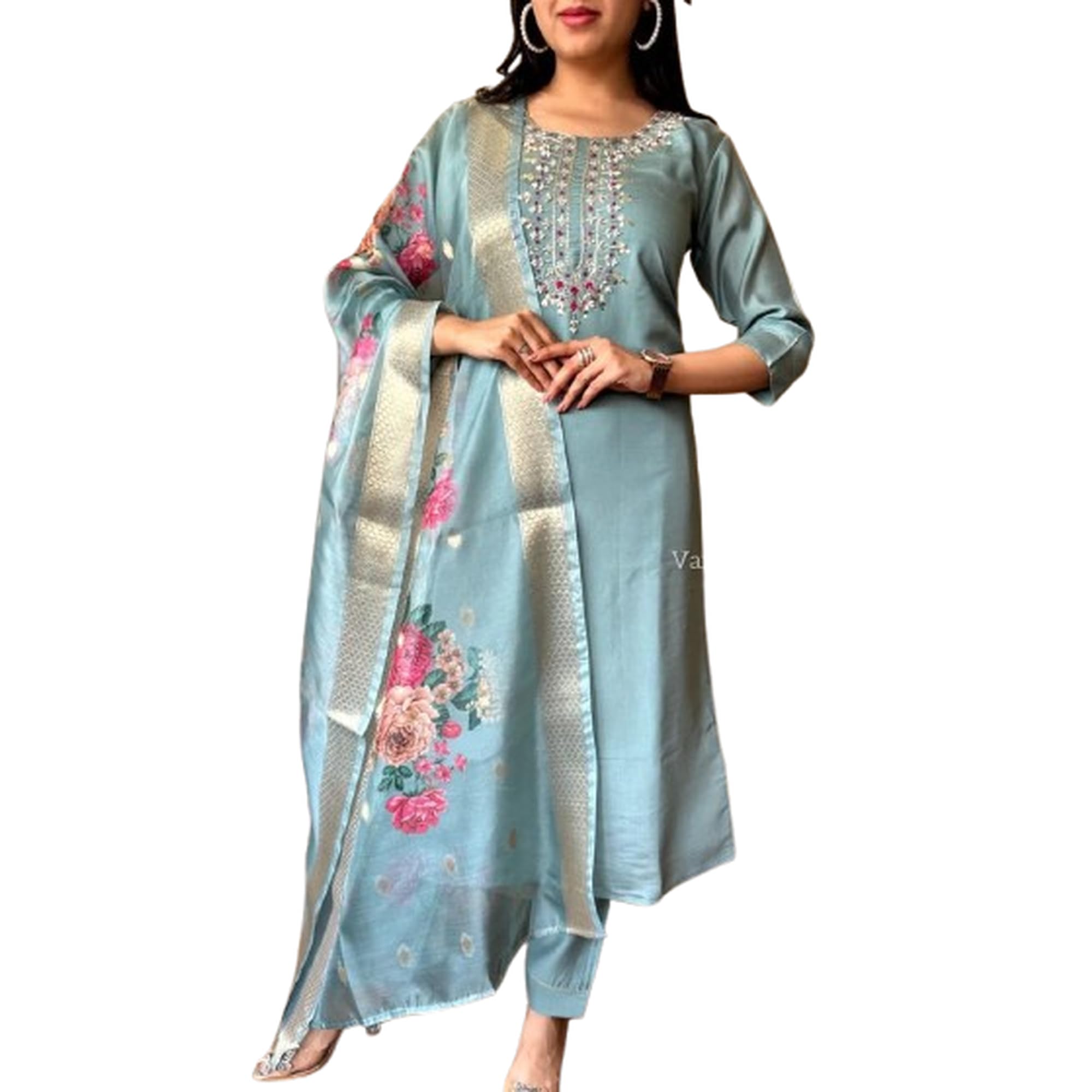 Womens Floral Printed Kurta Set with Dupatta Light Blue Indian Style