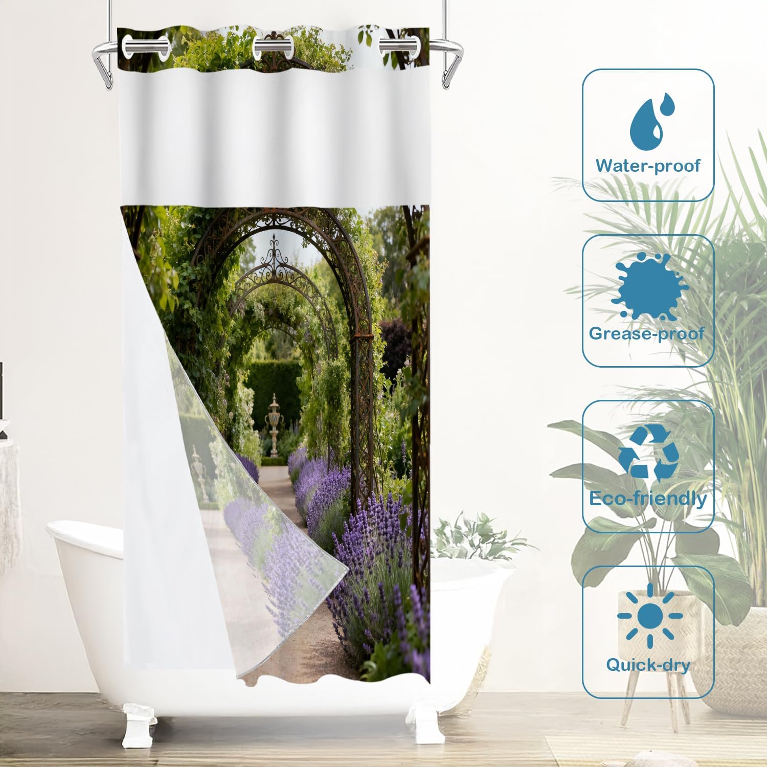 Batmerry Colorful England Summer No Hooks Shower Curtain with Snap in Liner Set, Flower Garden Path Archway Painting Bathroom Decor Polyester Quick-Drying Waterproof for Bathtubs, 35.5X74 in