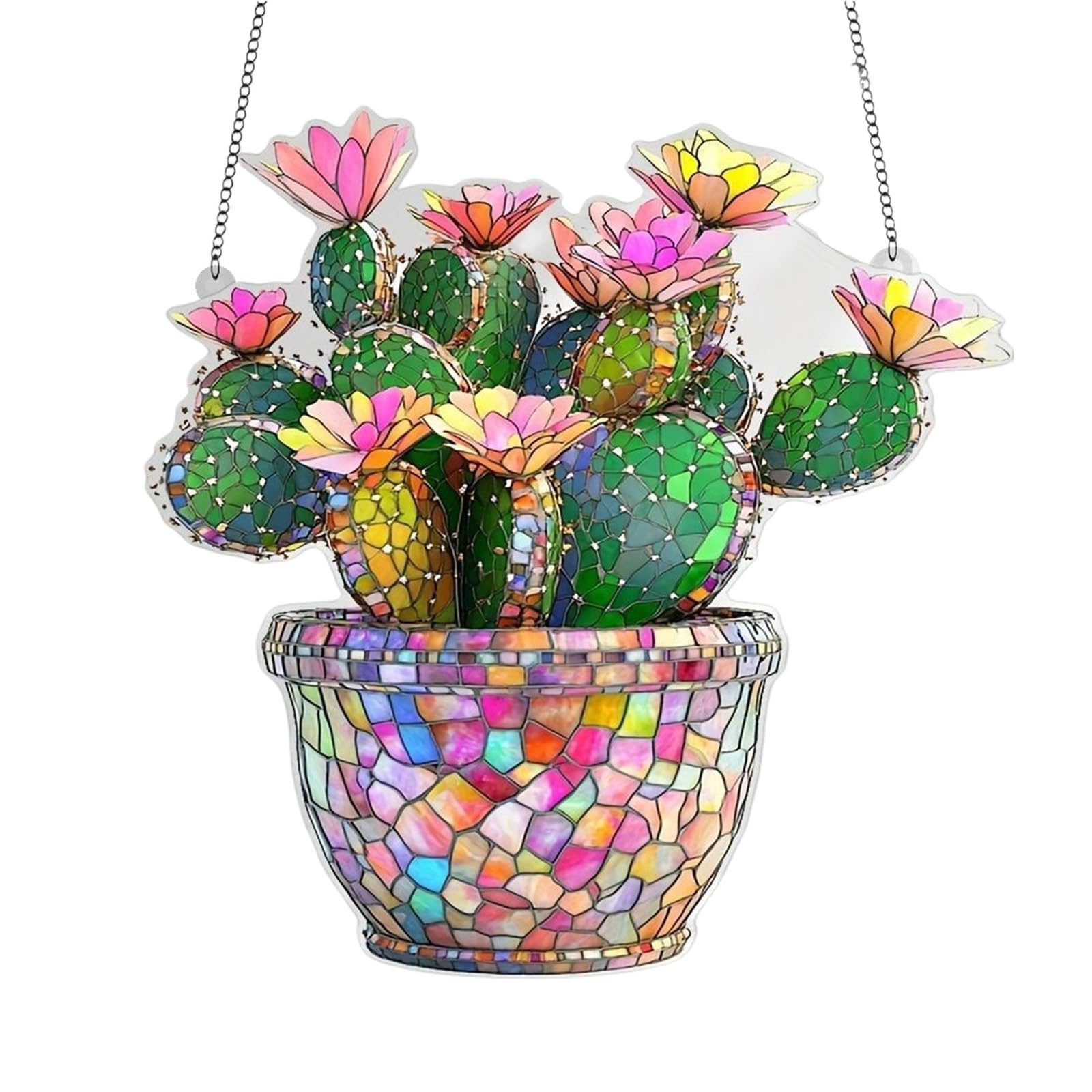 CUNZJIA Flowers Cactus Suncatchers Stained Glass Window Hanging Ornament,Stained Glass Birds Sun Catchers for Window Decors
