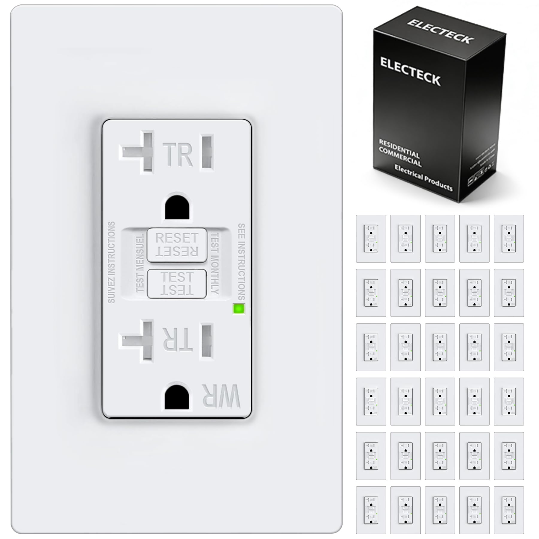 Photo 1 of ELECTECK 30 Pack GFCI Outlets 20 Amp, Outdoor Weather Proof (WR), Self-Test GFI Receptacles with LED Indicator, Ground Fault Circuit Interrupter, Screwless Wallplate Included, UL Listed, White