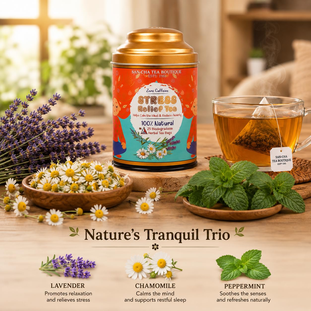 SANCHA Tea Boutique Stress Herbal Tea, 25 Pyramid Tea Bags, Caffeine-Free Chamomile Lavender Mint Herbal Infusion