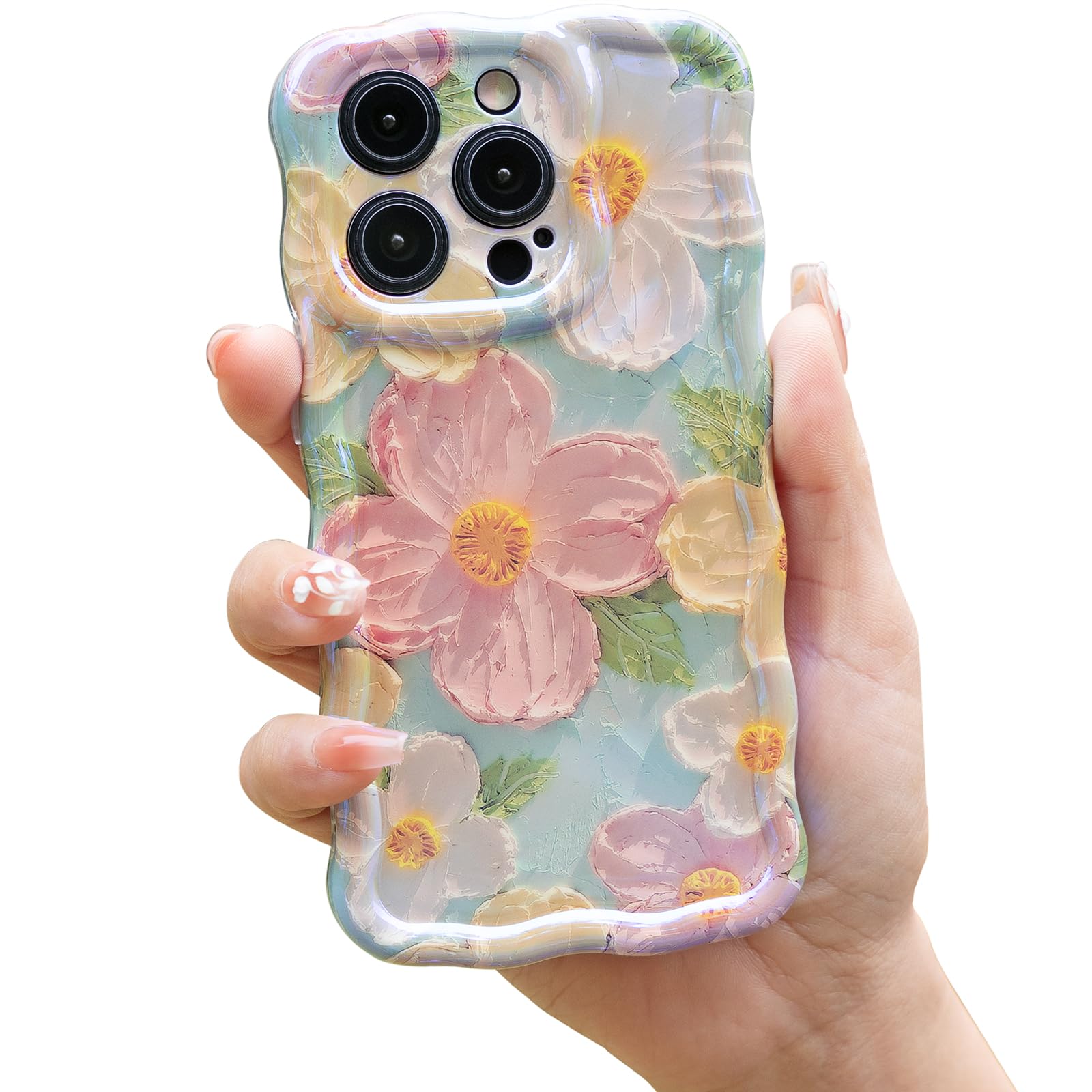 Cute Case for iPhone 14 Pro, Colorful Retro Oil Painting Printed Flowers Case, Fashion TPU Floral Laser Beam Glossy Pattern Curly Waves Frame Shockproof Protective Case Cover for Girls Women