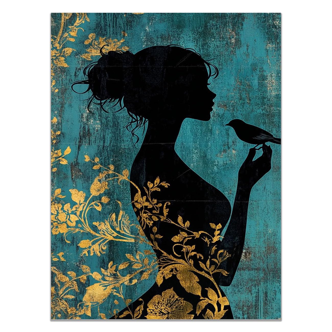 QUSAAOU African Americans Wall Art Side Lady Floral Silhouette Perched Bird Vintage Tribal Girl Images Elegant Paintings Of Black Women Suitable For Home Wall Decoration(teal)-40x60cm1 Unframed