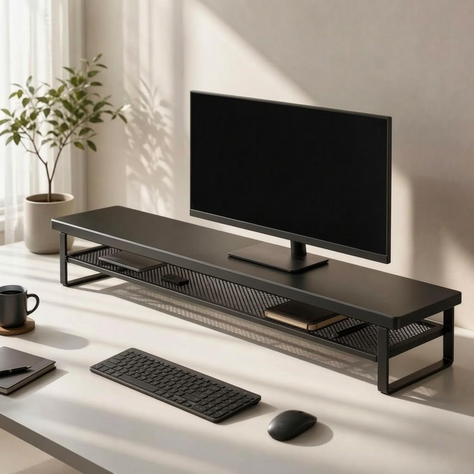 Supporto per Schermo con Ripiano in Rete, Nero, 50CM