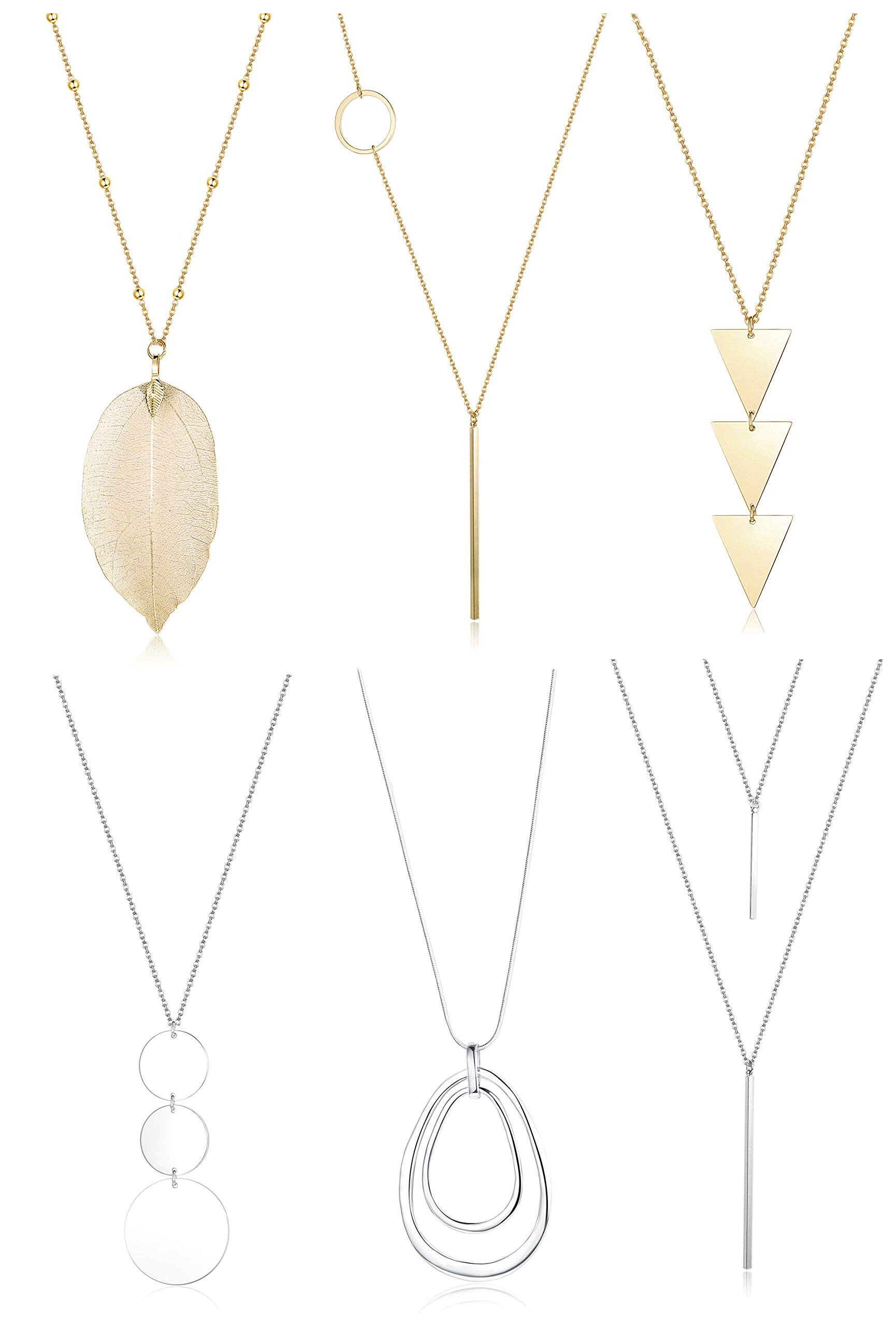 FUNRUN JEWELRY6PCS Long Pendant Necklace Set Bar Circle Leaf Y Necklace Arrow Statement Necklace for Women (A: Silver Tone+Gold Tone)