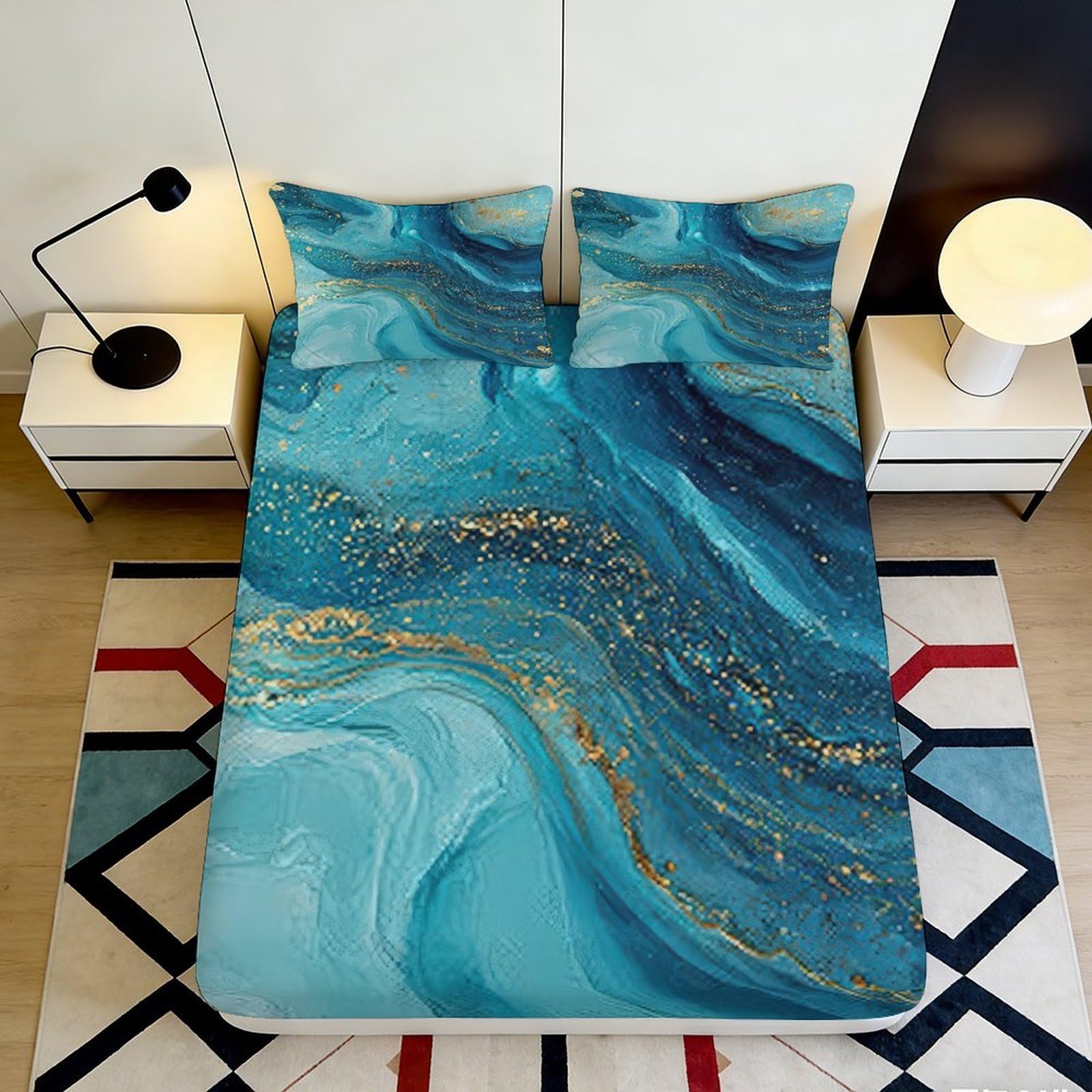 3D Printed Blue Marble Fitted Sheet Microfiber Soft Breathable Golden Veins Bed Cover for Bedroom Dormitory Guest Room Mattress Protection 180x200x25cm