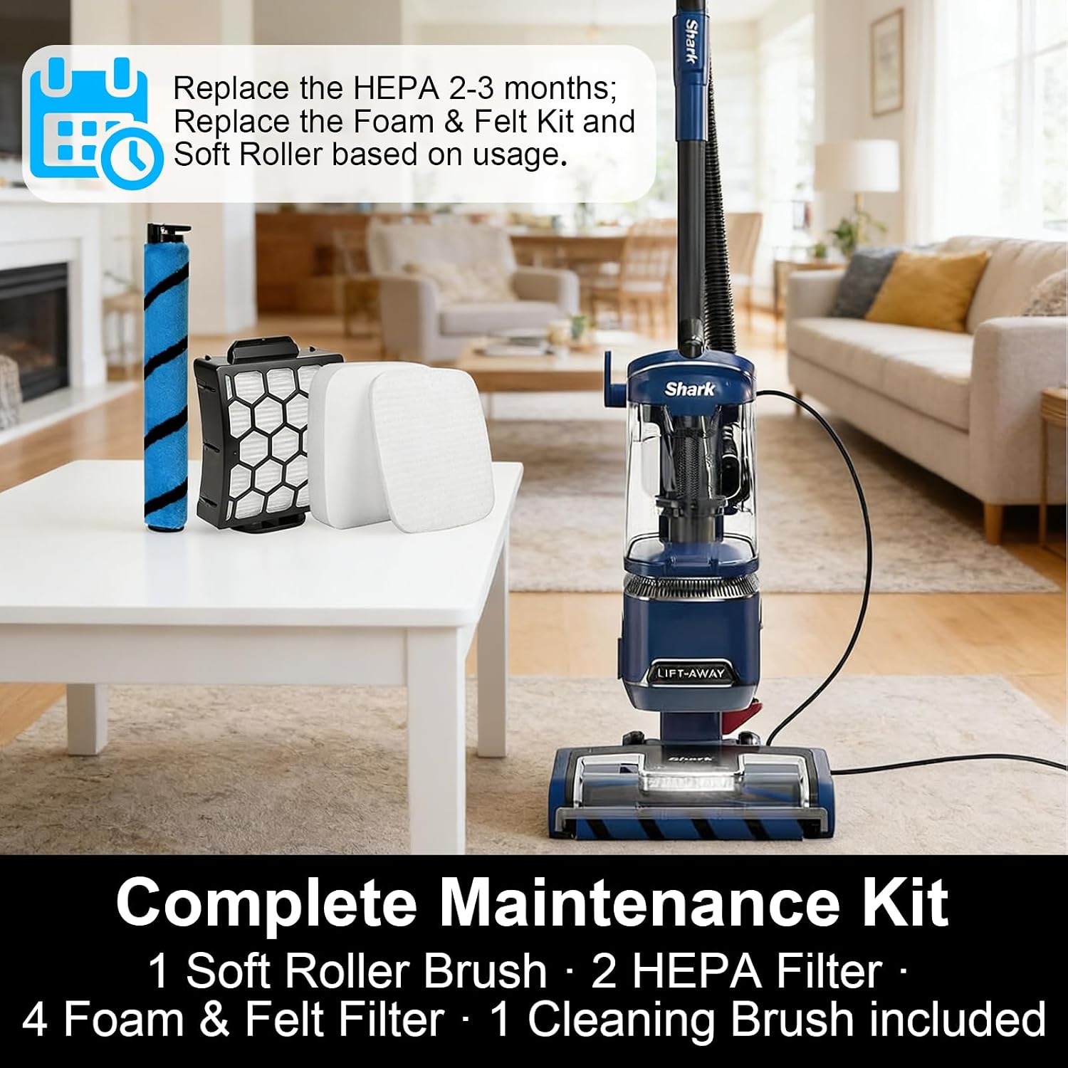 UV850 Filter Replacement for Shark UV850 Performance Lift-Away ADV DuoClean PowerFins Upright Vacuum, Include 1 Soft Roller Brush, 2 HEPA Filters, 4 Foam & Felt Kit