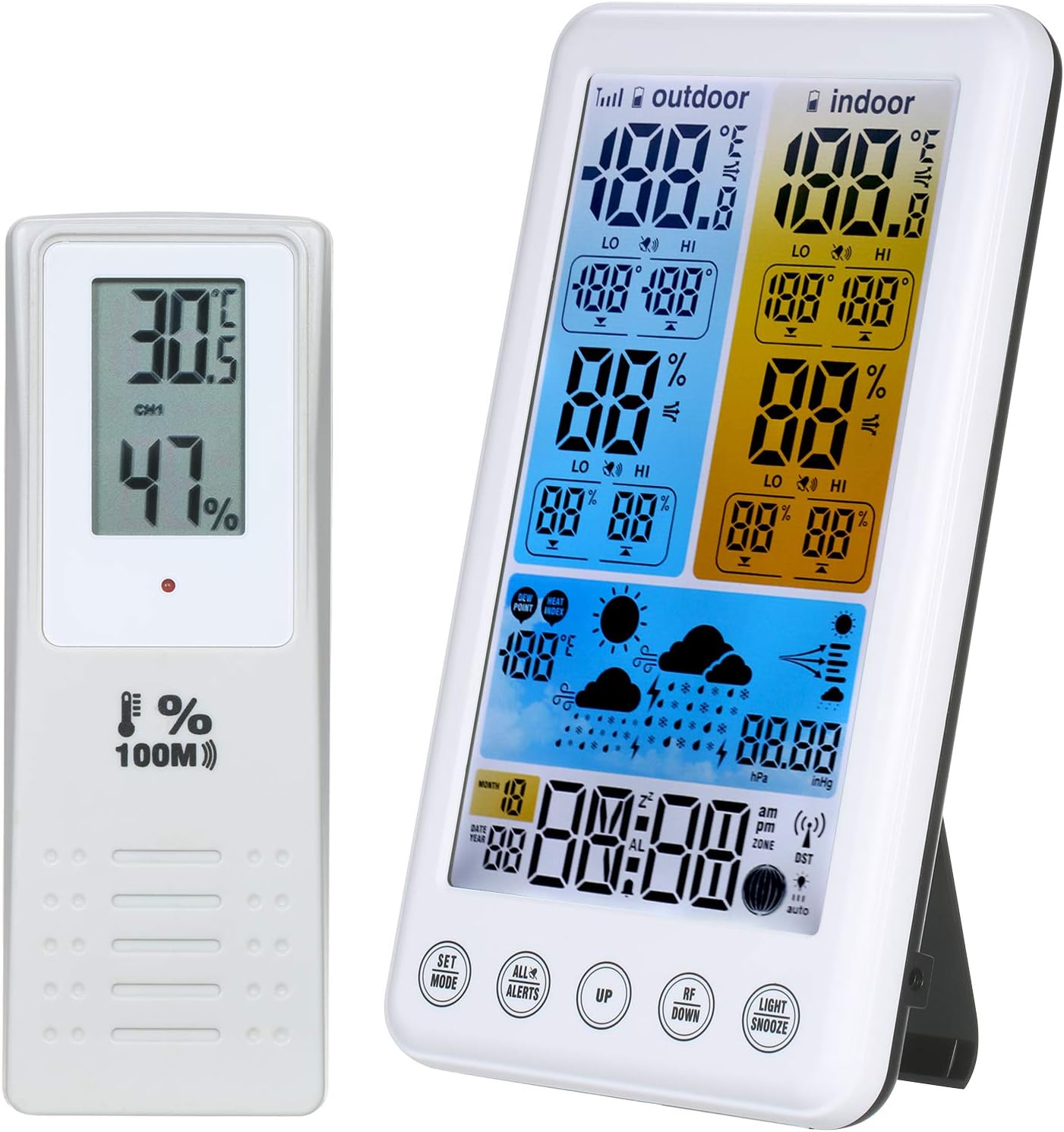 Weather Forecast Clock, Thermometer Hygrometer Barometer with Adjustable Backlight Outdoor -40-60℃ Indoor 0-50℃