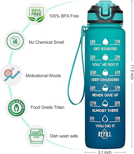 Miniatura 2 de ELYPHINE - Botellas de agua de 3224onzas con pajilla extraíble y marcador de tiempo, botellas deportivas motivacionales con material Tritan sin