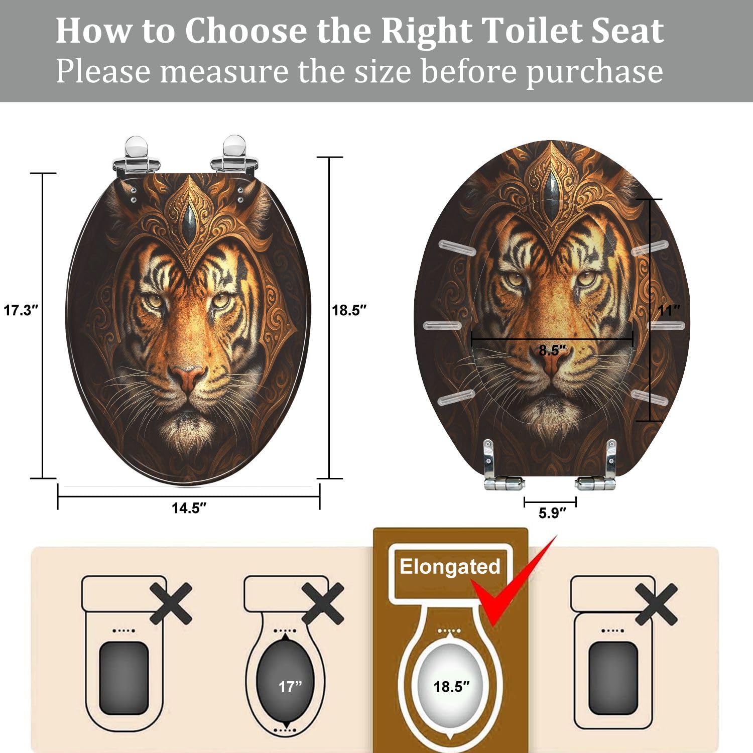 Asiento de inodoro alargado decorativo de resina con diseño de tigre, cierre silencioso, bisagras de liberación rápida, topes, fácil instalación y limpieza.