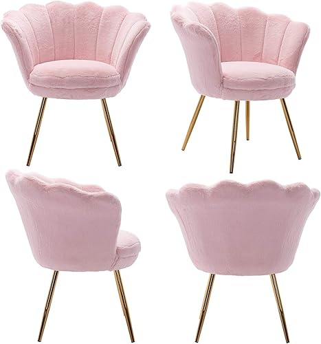Miniatura 3 de Wahson Silla tapizada de piel sintética de felpa, cómoda silla de concha marina con detalle de barril rosa claro con patas doradas, silla de comedor