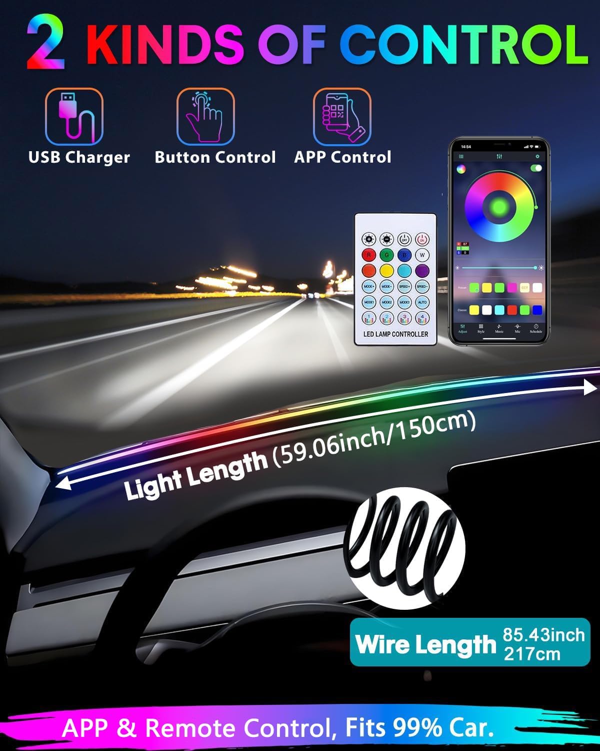 Acrylic Interior Car LED Strip Light with Motion-Activated Switch, 59.1" Neon Ambient Light, RGB Colors, APP Control, Music Sync