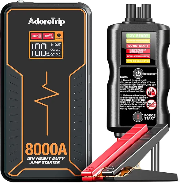Portable Car Battery Jump Starter 8000 Peak Amp / 960 Cold Cranking Amp 12V Smart Display Jumper Cables with Force Start for Car Booster Start Box for 12L Gas / 10L Diesel Engines, 48 Months Standby