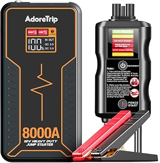Portable Car Battery Jump Starter 8000 Peak Amp / 960 Cold Cranking Amp 12V Smart Display Jumper Cables with Force Start for Car Booster Start Box for 12L Gas / 10L Diesel Engines, 48 Months Standby