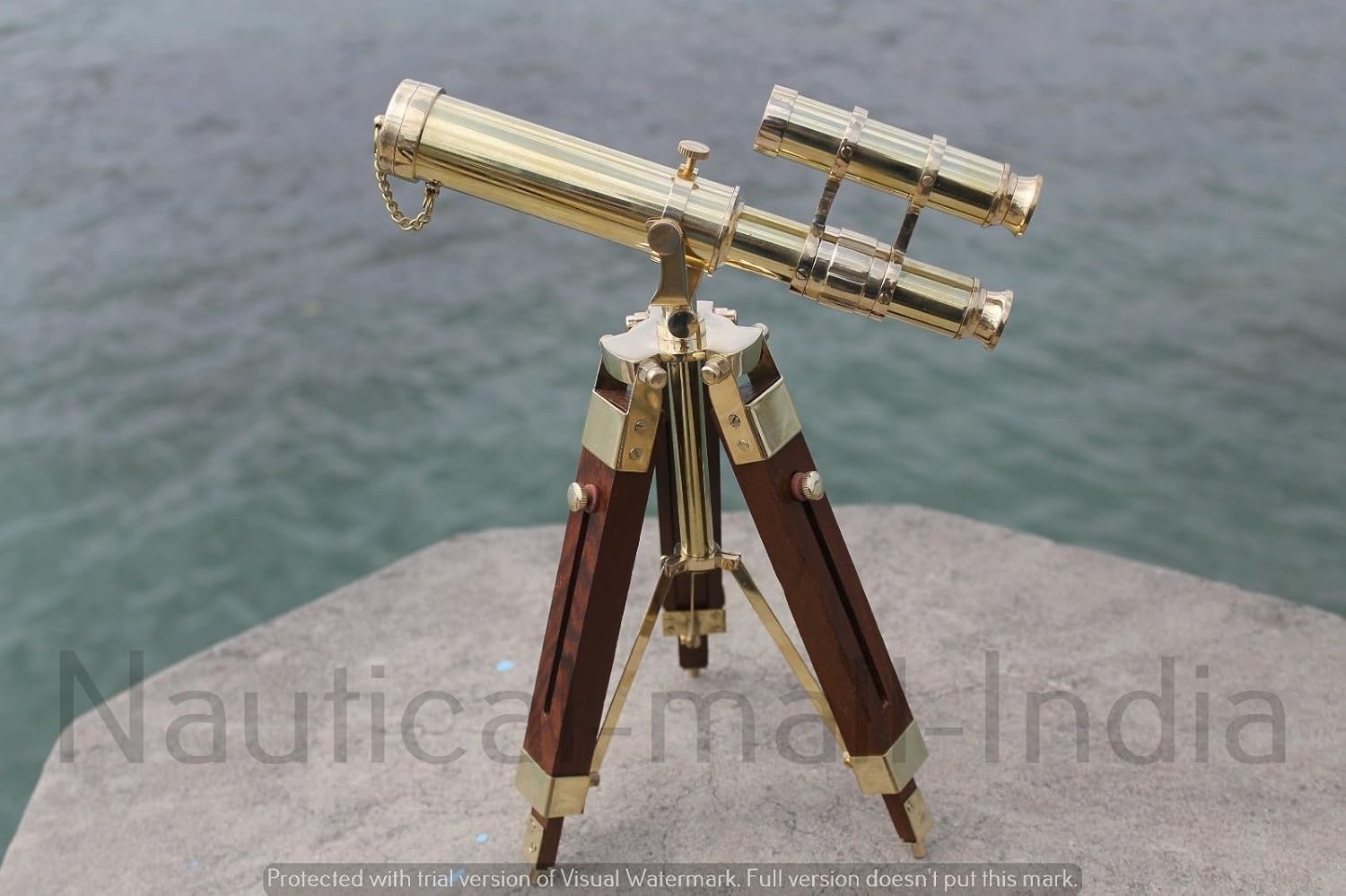 Brass Telescope with Adjustable Wooden Tripod Stand Vintage Brass Double Barrel Telescope with Wooden Tripod Stand, Decorative Nautical