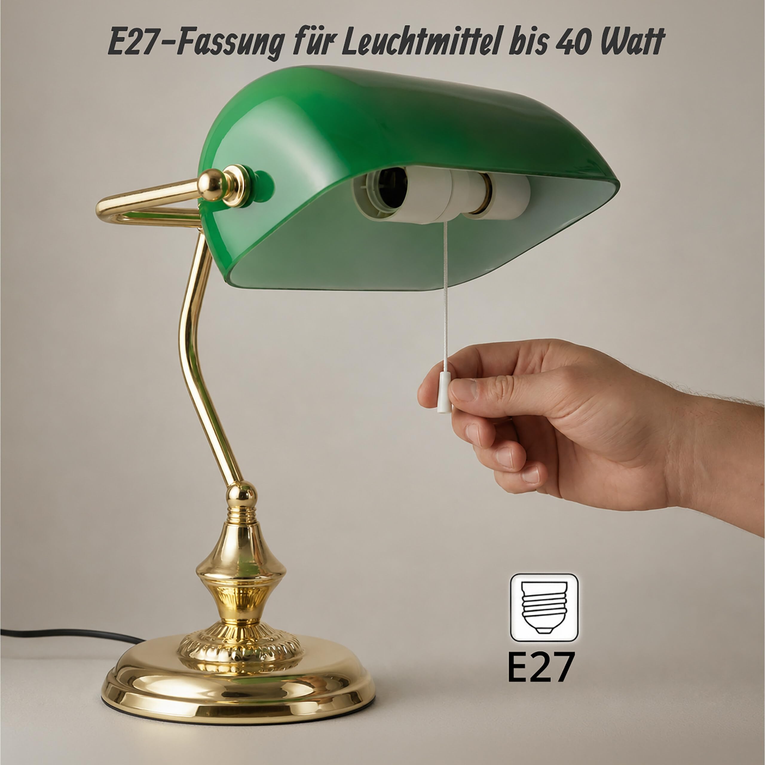Relaxdays Bankerlampe mit Zugschalter, grüner Schirm, runder Sockel, Vintage Design, Glas, HBT: 31x22,5x18,5cm, Messing, Grün