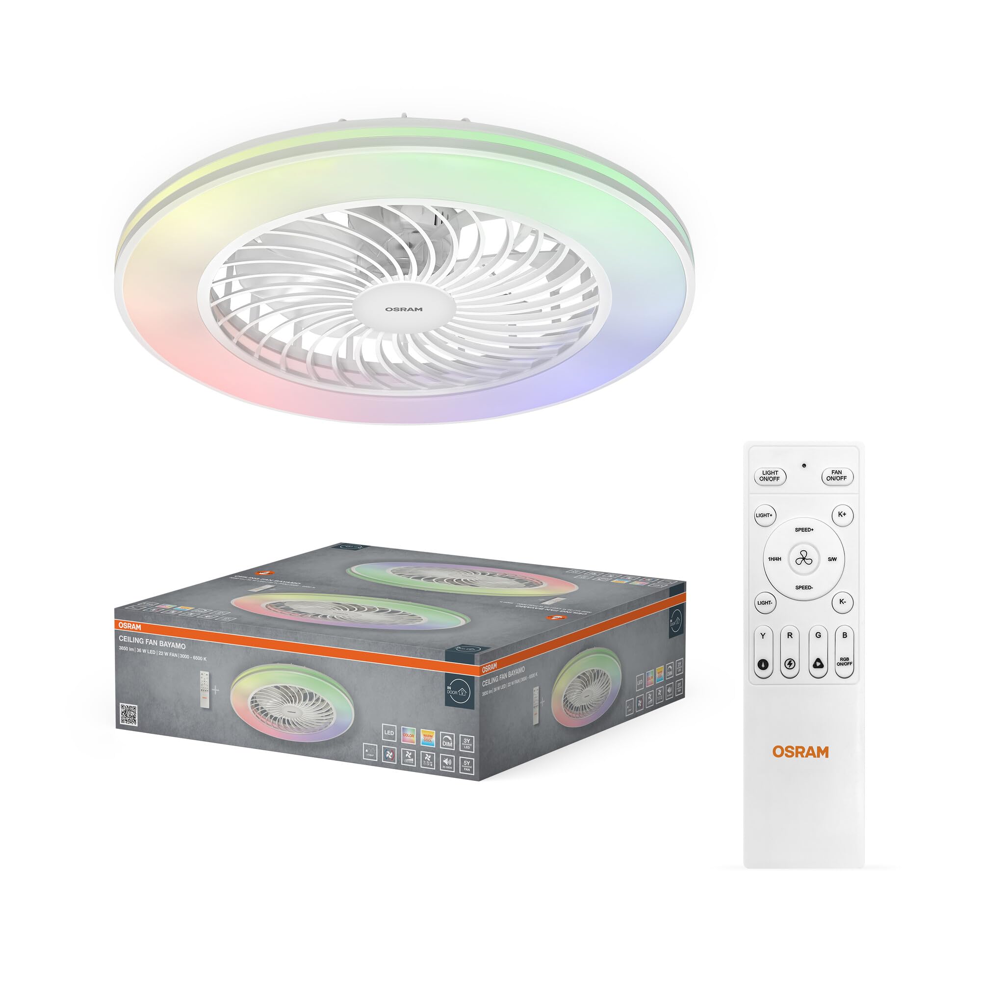 Osram LED-Deckenventilator Bayamo 590mm, 58 W, 2530 lm, CCT 3000-6500 K, RGB, 110° Abstrahlwinkel, 1935 m³/h Luftstrom, 50000 h Lebensdauer, dimmbar, Fernbedienung