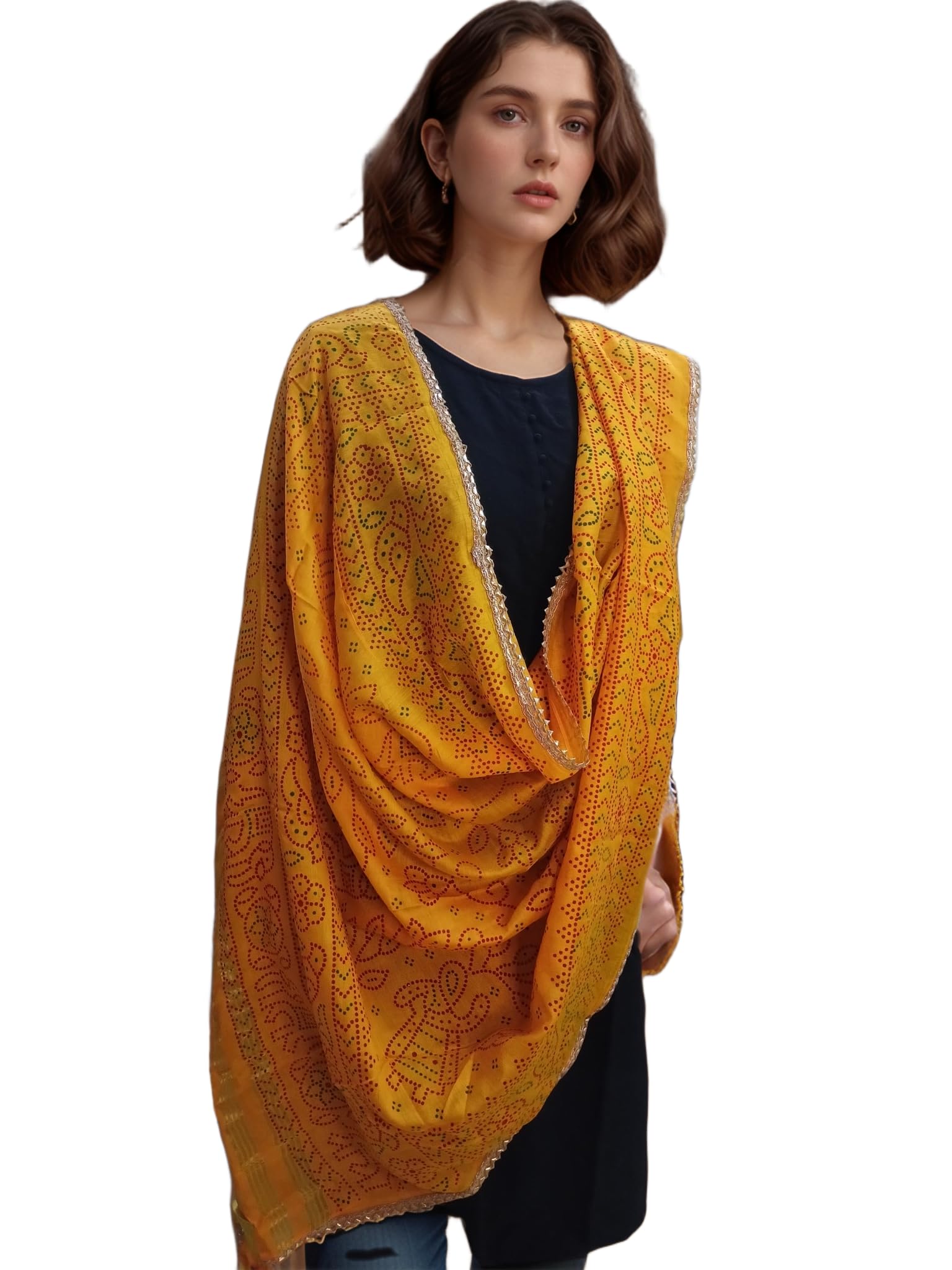 Ethnic Red-Orange and Gold Silk Dupatta with Embroidered Design, Decorative Tassels-picture-56
