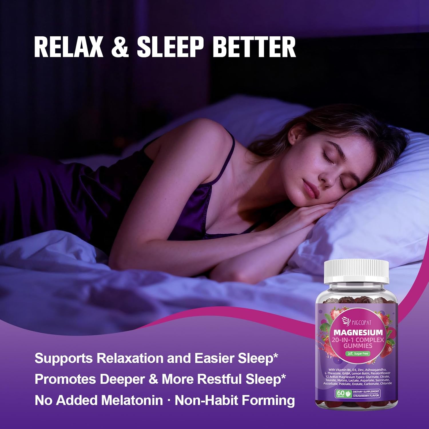 Magnesium Complex Gummies, 20 in 1 Magnesium Gummy with Glycinate Citrate Malate Taurate - Ashwagandha, L-Theanine, D3&Zinc for Relaxation, Sleep, Muscle&Heart Support, Strawberry, 60 Cts - Image 6