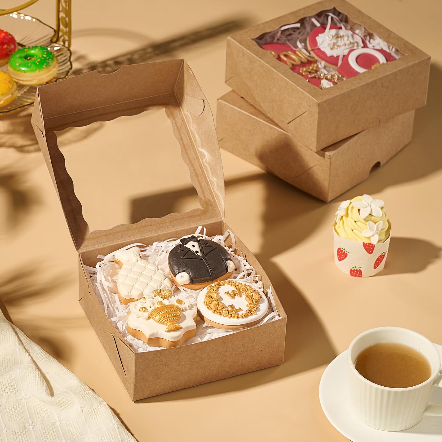 50pcs Cookie Boxes with Window, 6x6x2.5in Brown Bakery Boxes for Treats, Small Cake, Desserts, Donuts, Pastry