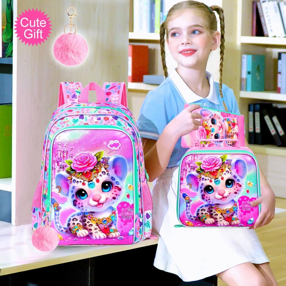 16" Backpack for Girls, 3Pcs Kids Bookbag with Lunch Box，Leopard School Backpacks for Elementary Preschool Kindergarten (Pink)