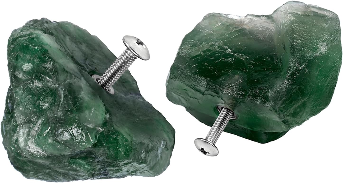 mookaitedecor Set of 2 Natural Fluorite Raw Crystal Cabinet Knobs, Rough Stone Drawer Handle Pulls for Kitchen Cupboard Home Decoration