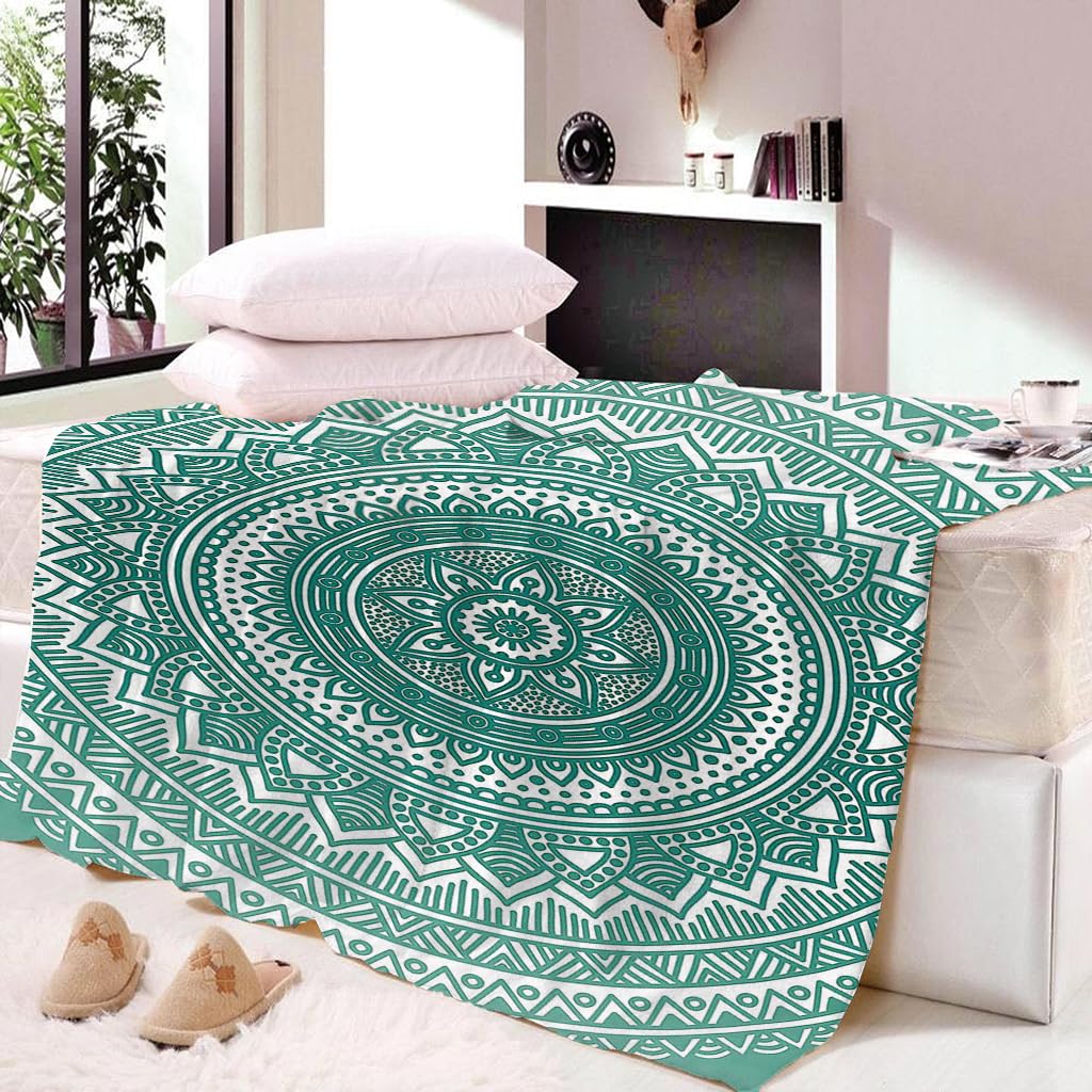Coperta Di Flanella Letto Matrimoniale Invernale 180X200Cm Coperta Pile In Microfibra Morbida Pelosa Calda Copriletto Per Divano/Bambini Camere Da Letto, Fiore Rotondo Verde Motivo