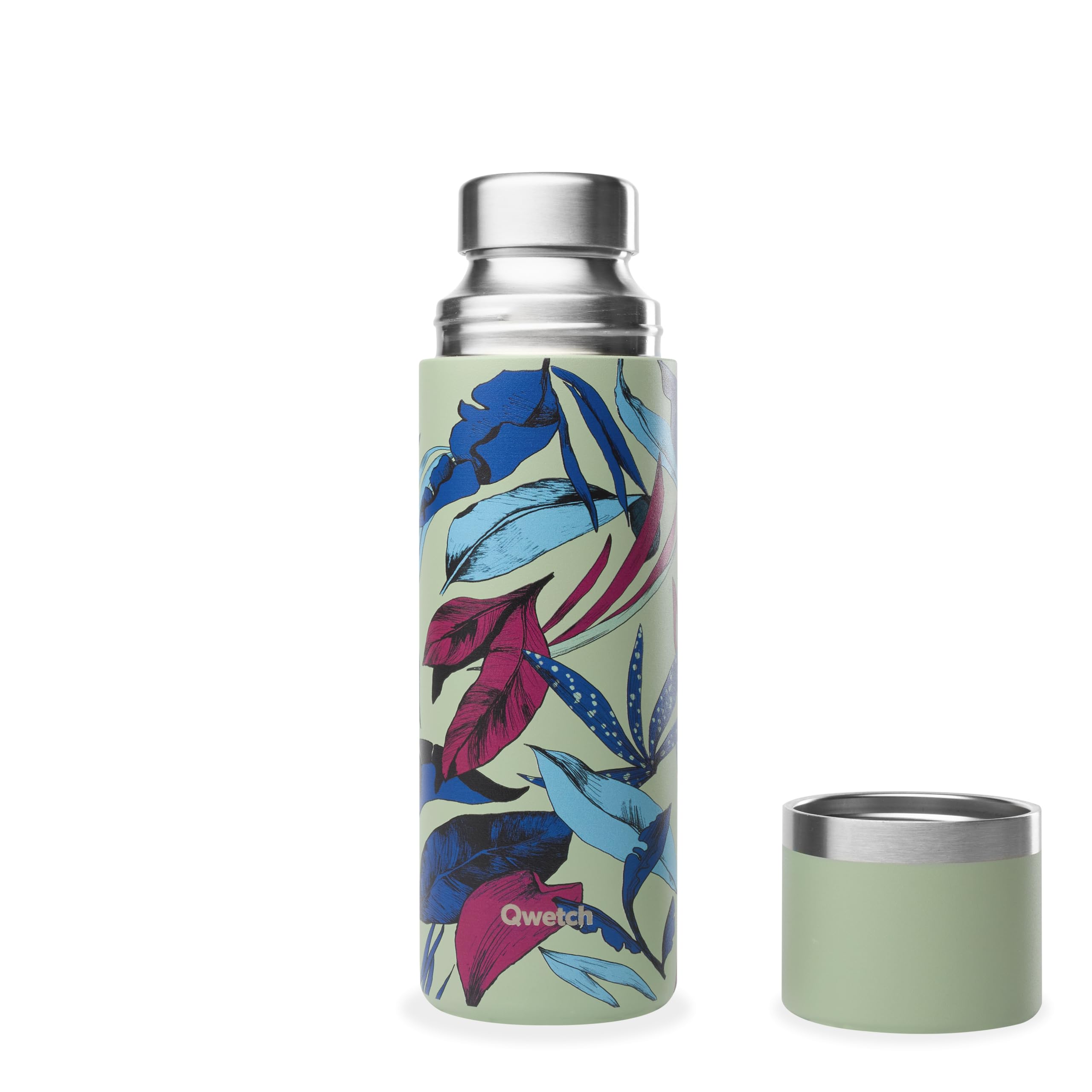 Qwetch - Thermo Isotherme Bahia Vert Tilleul 750ml - Thermo avec Gobelet Inox Recyclé - 24h Froid et 12h Chaud - Etanche & Idéale pour Café et Thé