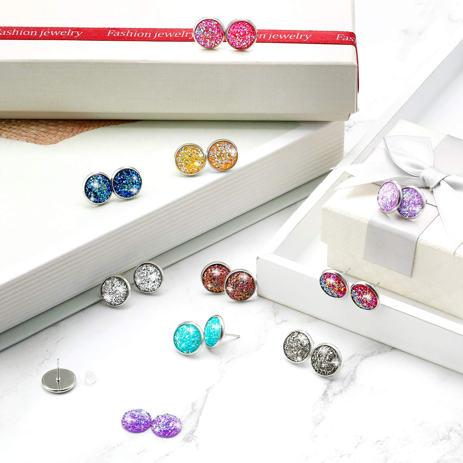 Maitys BOAO 200 Pcs 20 Colors Druzy Resin Cabochons Stainless Steel Stud Earring, Faux Druzy Cabochons Round Flat Back Dome for Jewelry Making, DIY Craft(10 mm,Silver Stud Earring) - Image 6