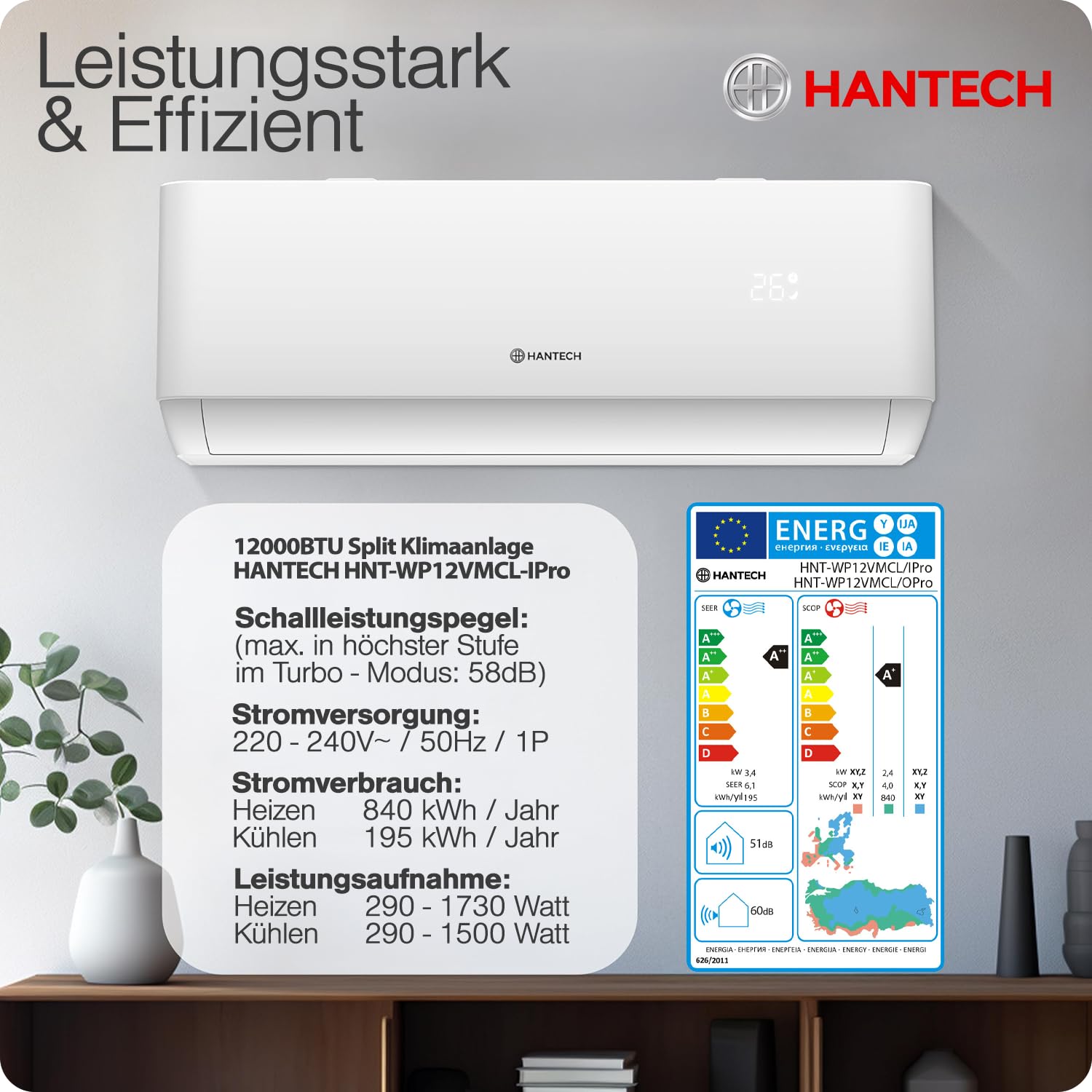 HANTECH Split aire acondicionado 12000 BTU H-PRO función de calefacción y refrigeración, filtro de aire, WIFI, material de montaje