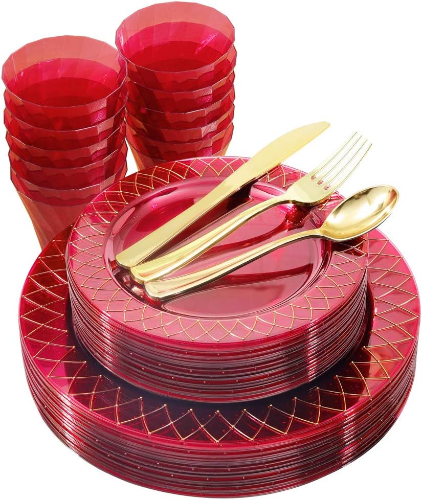Nervure 150PCS Clear Red Plastic Plates with Gold Rim