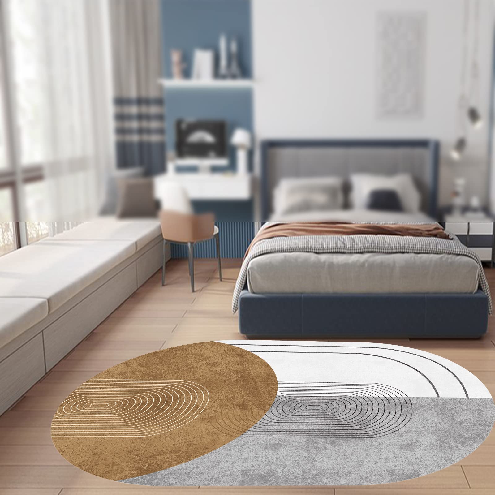 Moderner geometrischer ovaler Teppich, abstraktes Druckdesign, für Wohnzimmer, Schlafzimmer, Flur, Dekoration, Braun, 150 x 220 cm
