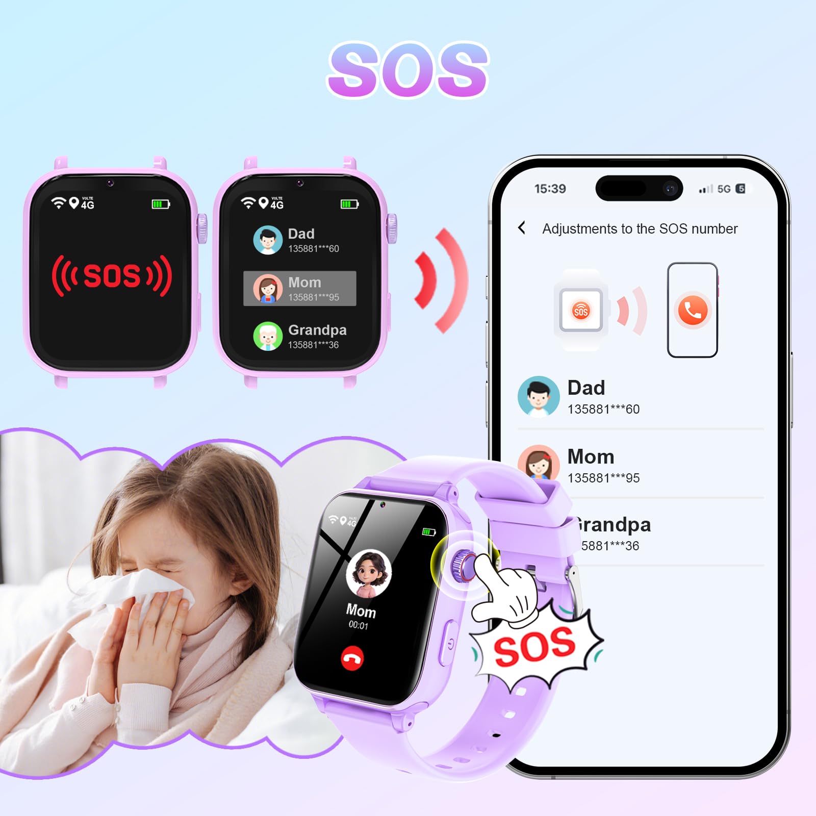 4G Smartwatch Bambini GPS, Orologio Smartwatch per Bambino Bambina con Telefono, Videochiamata Chat Vocale Contapassi Camera Modalità Classe, Smart Watch Ragazza e Ragazzo 4-12 Anni (Lavanda-S2)