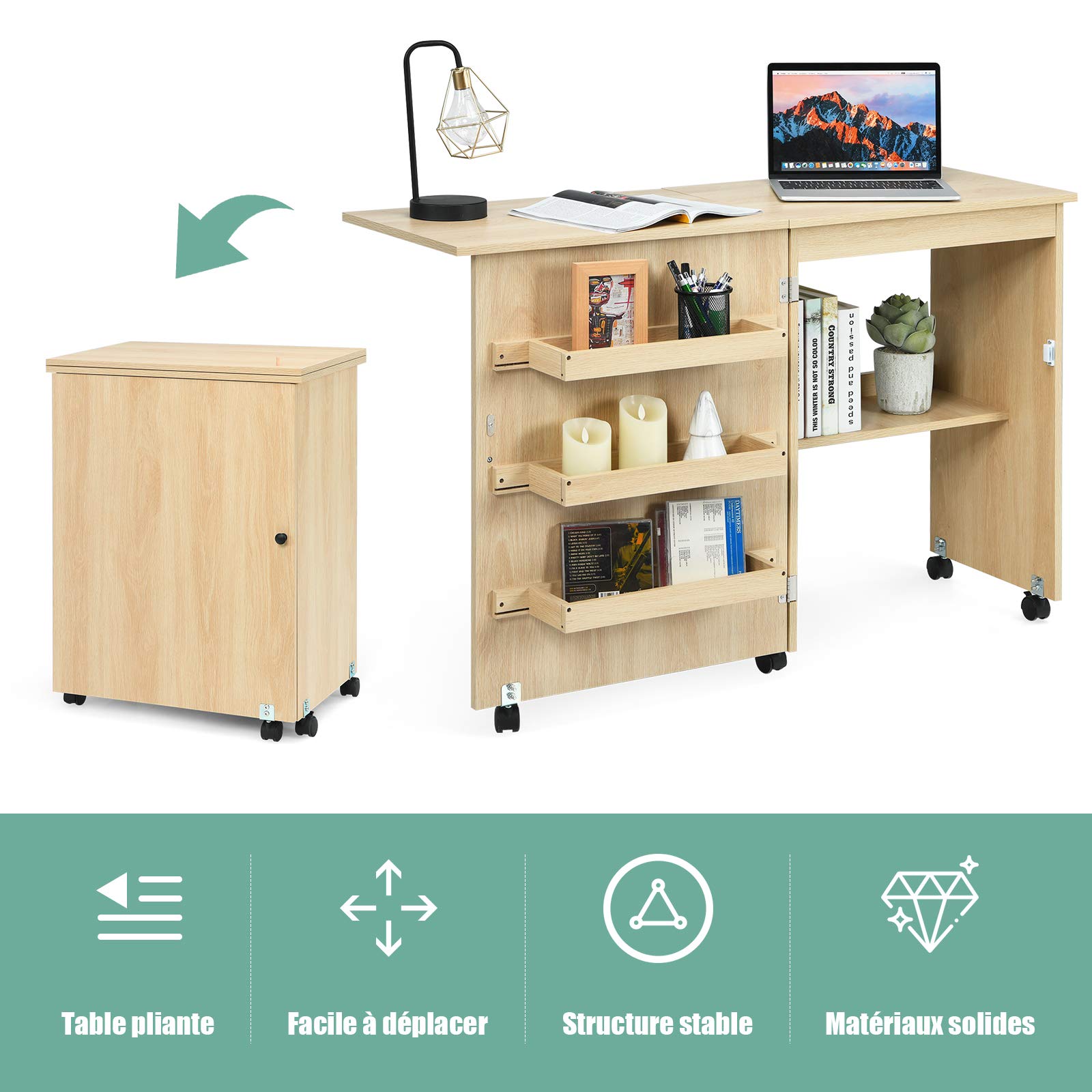 DREAMADE Table de Couture Pliante, Meuble Machine à Coudre en Bois avec 3 Étagères,Bureau Couture avec roulettes, 117X40X78CM (Couleur de Bois)