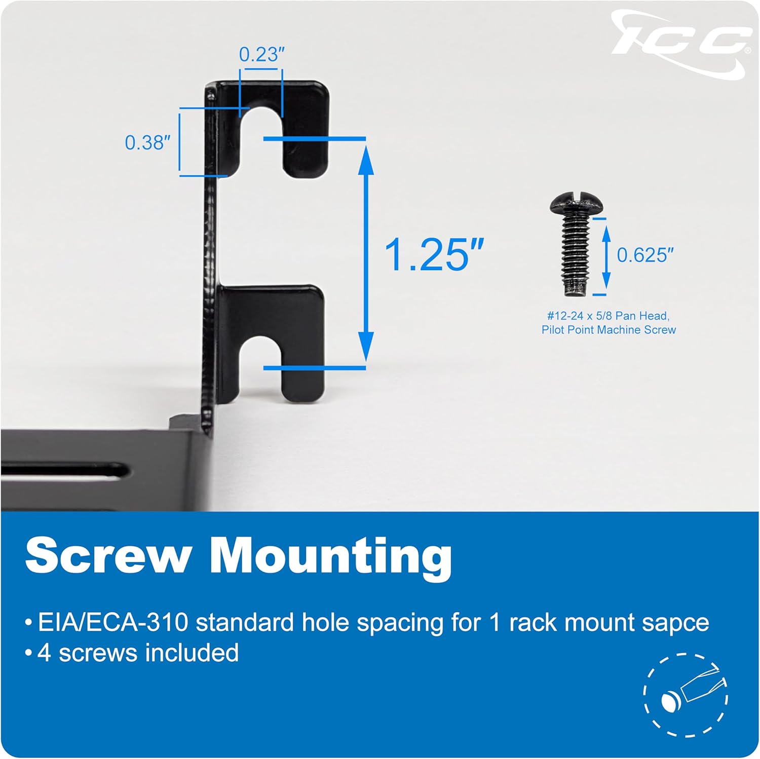 ICC Cable Manager Bracket Panel, 1U Rack Mount Space, Black Powder Coat Finish, Cable Management for 19" Racks and Cabinets, Metal, 3" Deep, Pack of 6