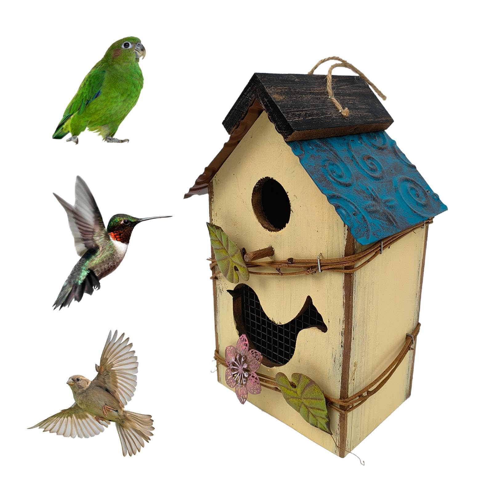 Niedliches aus Holz – dekoratives hängendes Vogelhaus den Außenbereich für Garten, Terrasse und Park (gelb)