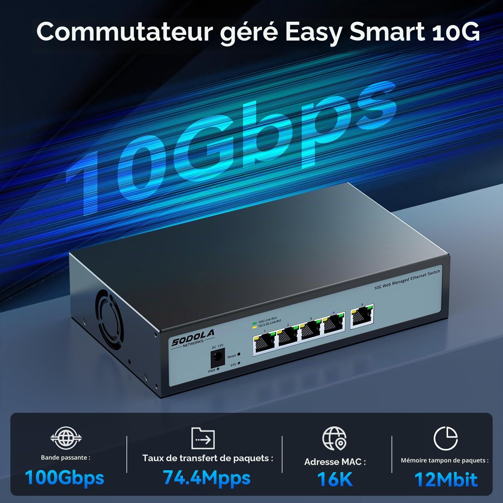 SODOLA Switch 10Gb Ethernet 5 Ports géré Via Le Web, 5x10G RJ45 | Boîtier métallique, refroidissement ventilé, prend en charge LACP/QoS/VLAN/IGMP, montage bureau/mural