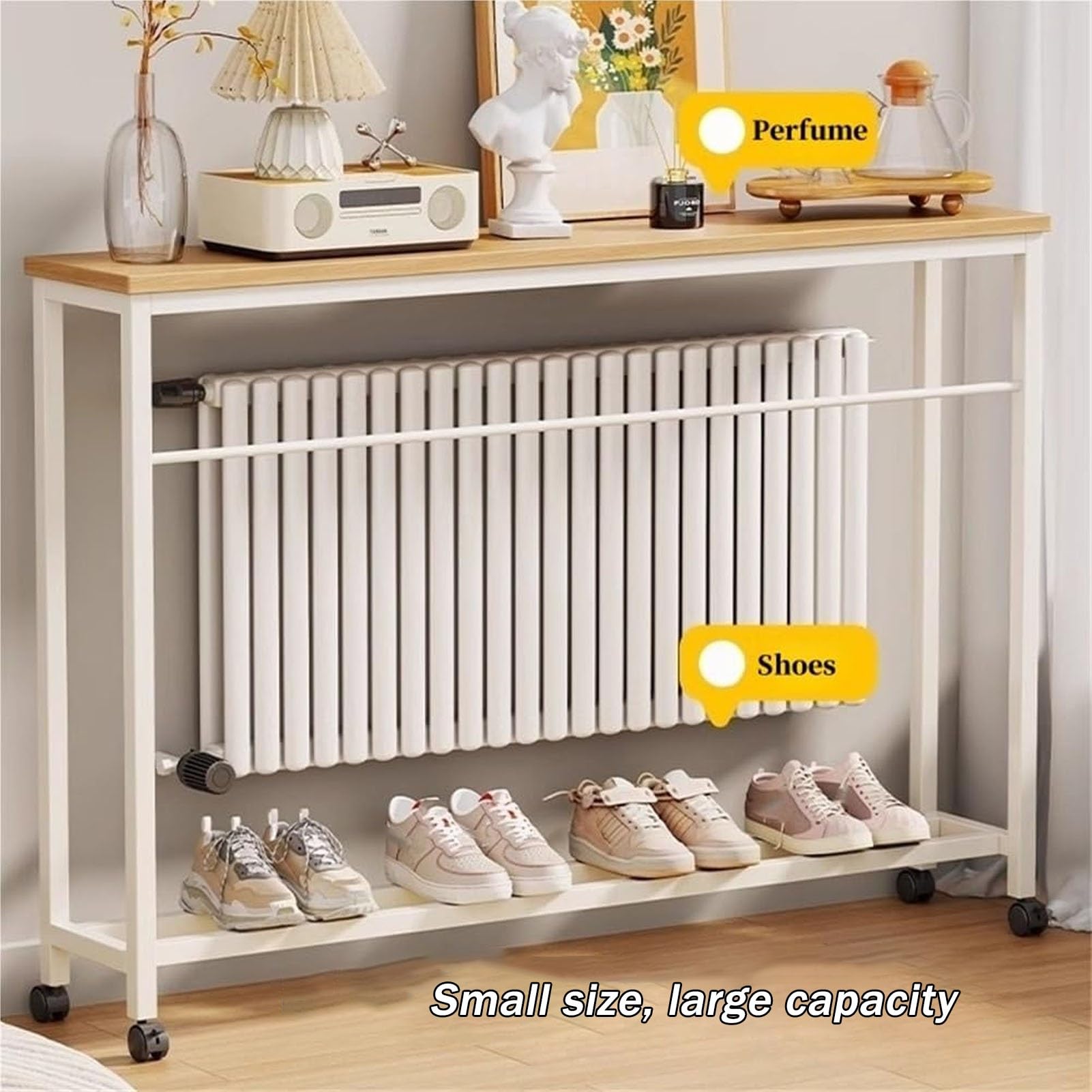 Funda estrecha para radiador con ruedas, mesa de consola versátil para sala de estar y cocina, elegante mesa de sofá sobre radiador con barra transversal reforzada