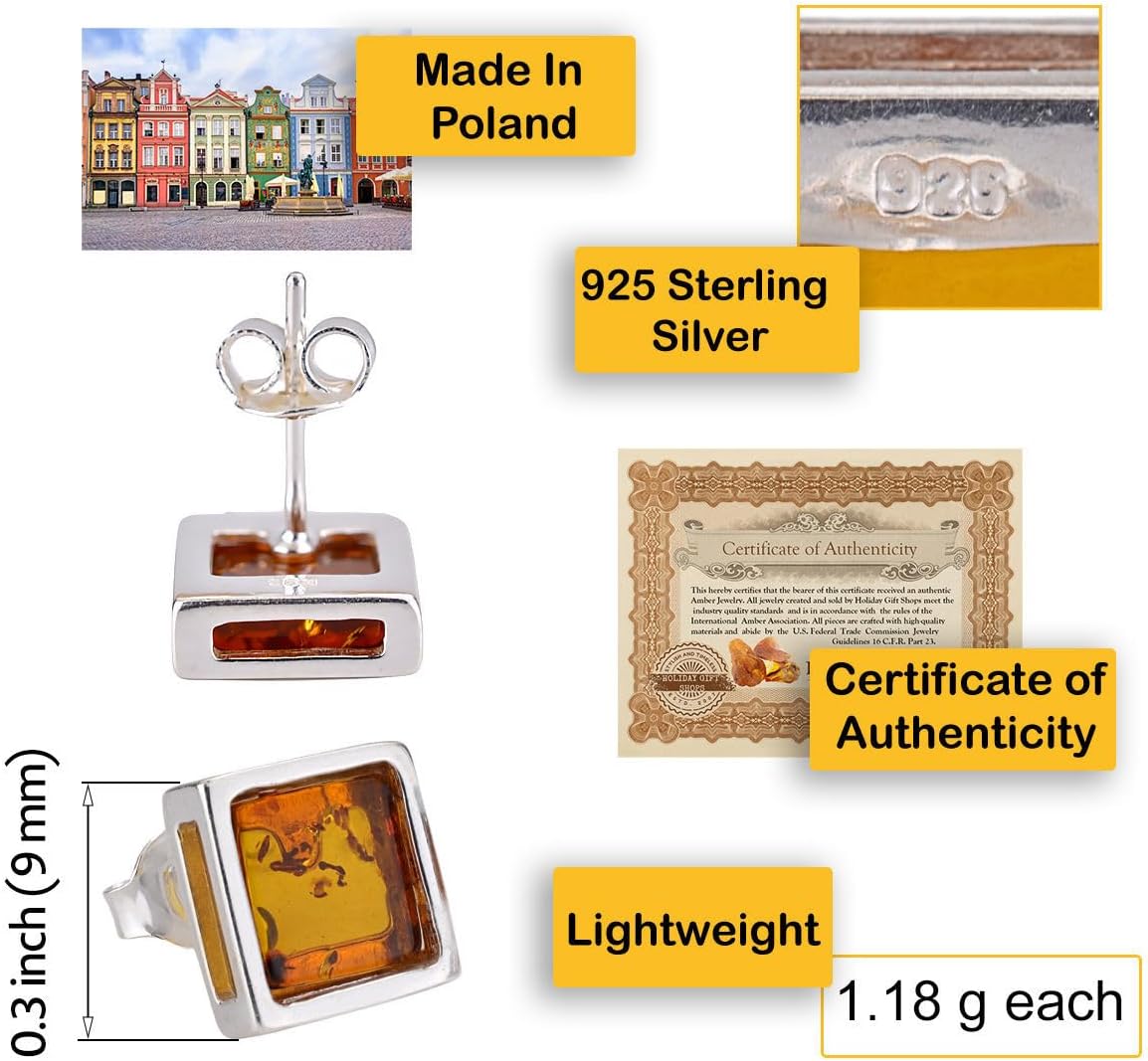 Amber Jewelry for Women - Sterling Silver and Baltic Honey Amber Square Post Back Earrings, Small Silver Gemstone Studs - Sterling Silver Jewelry Collection