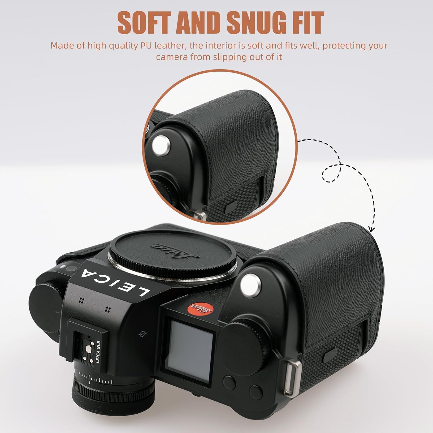 Handmade Genuine Leather Camera Half Case for Leica SL3/Leica SL3s Case - Top Layer Cowhide Body + Metal Base Plate - Hand Shank Design (Black$Black Line)