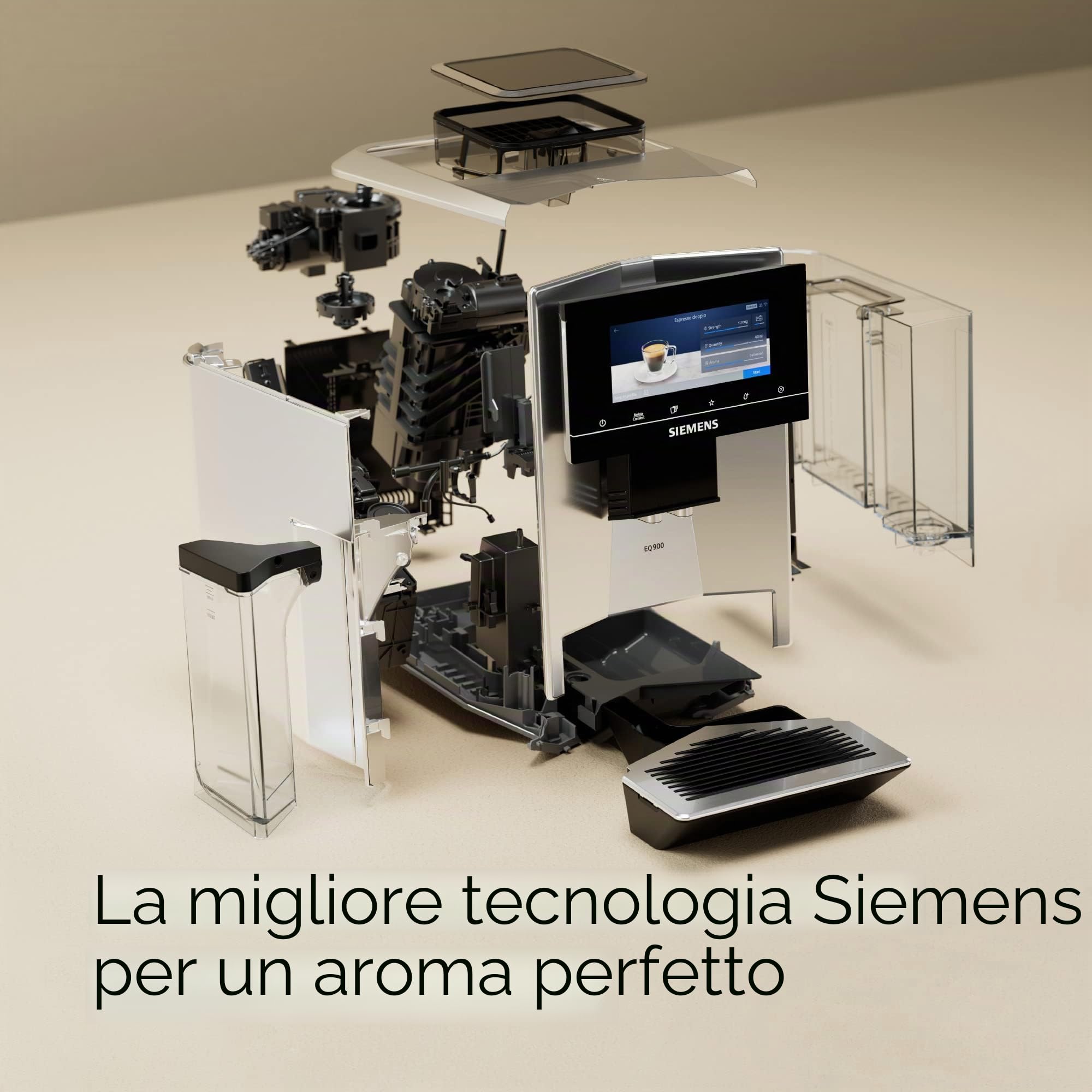 Siemens Macchina da caffè EQ900 TQ903D03, controllo app, display full touch, modalità barista, aromaBoost, riduzione del rumore, pulitura automatica del vapore, 1500 W, acciaio inox