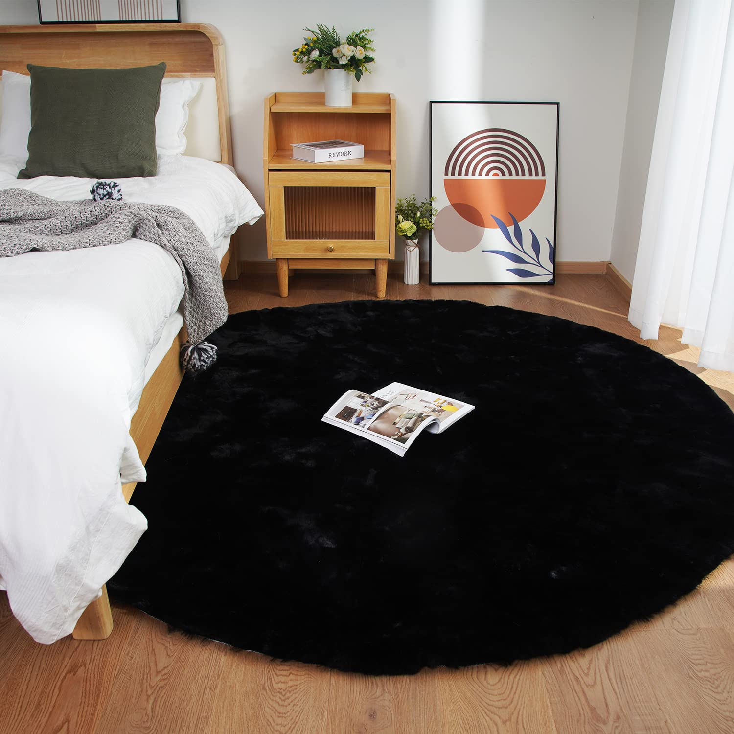 Ghouse Faux Tappetto di Pelle di Pecora Tappeto a Pelo Corto Lavabile Fluffy Uni Effetto Pelliccia Antiscivolo Facile da Pulire, Dimensione: Tondo 120 cm, Colore: Nero