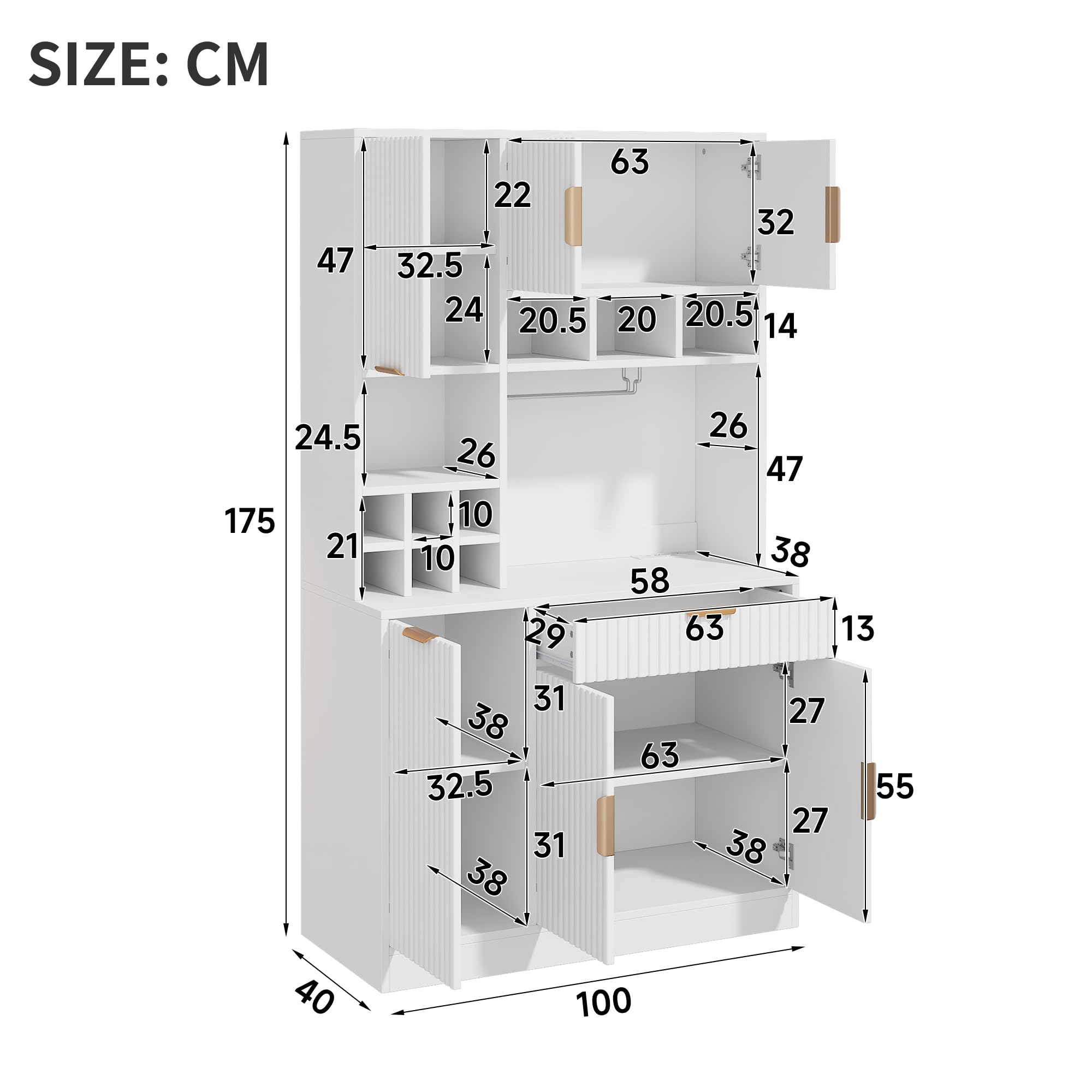 Armadietto alto per buffet, sala da pranzo, 100 x 40 x 175 cm, multilivello, ripiano per bicchieri da vino, portabottiglie, bianco