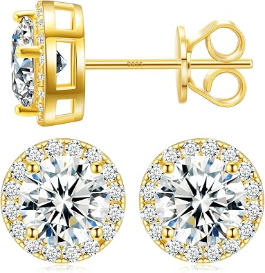 Moissanite Halo Earrings 0.2-4Carats3-8mm Moissanite Stud Earrings 18k Gold Over 925 Sterling Silver Earrings for Women Men D Color VVS1 Round Cluster Stud Push Back Ice Out Ear Studs