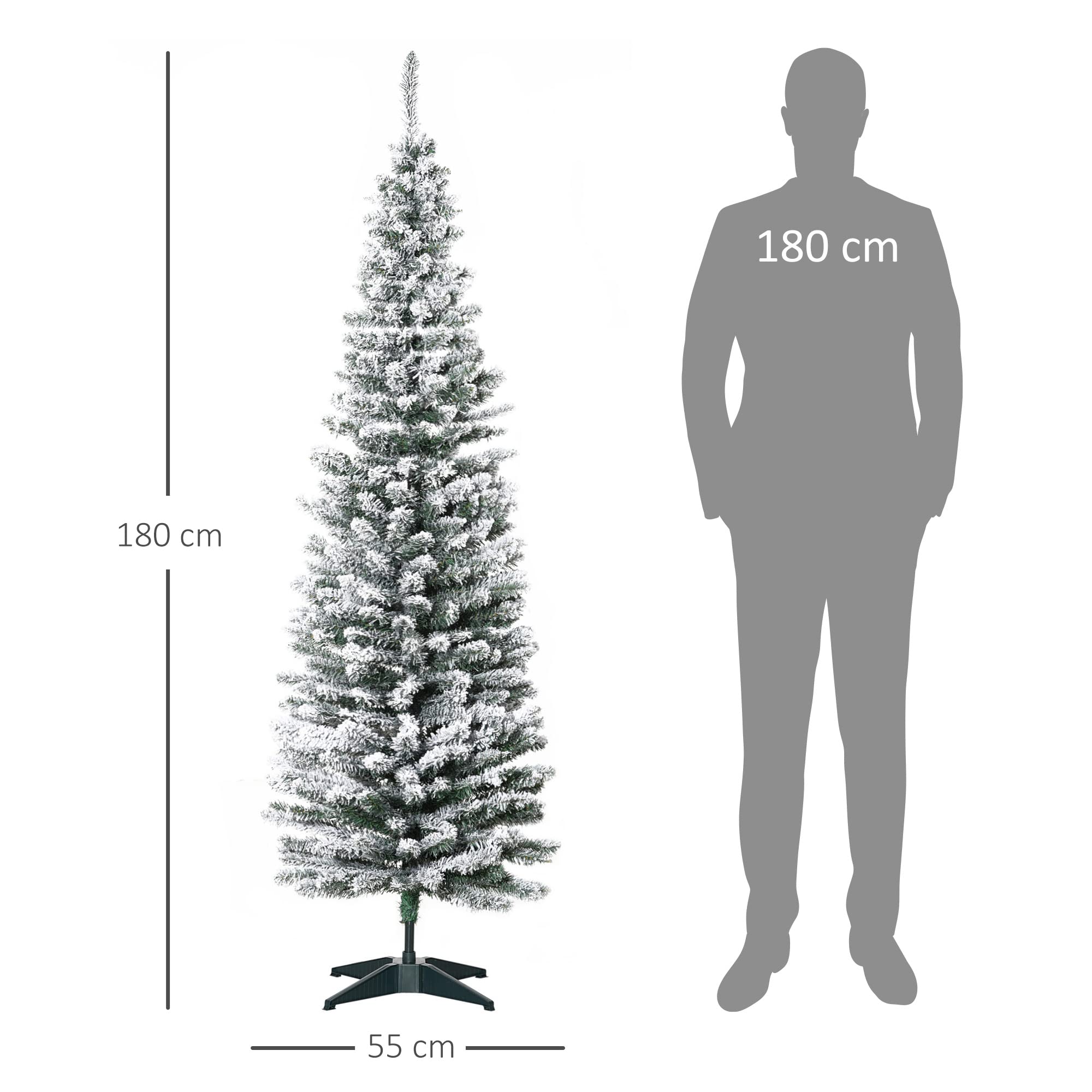 HOMCOM Albero di Natale Slim Artificiale 180 cm con Rami Realistici, Albero di Natale Innevato Alto e Stretto con Base Pieghevole, Verde