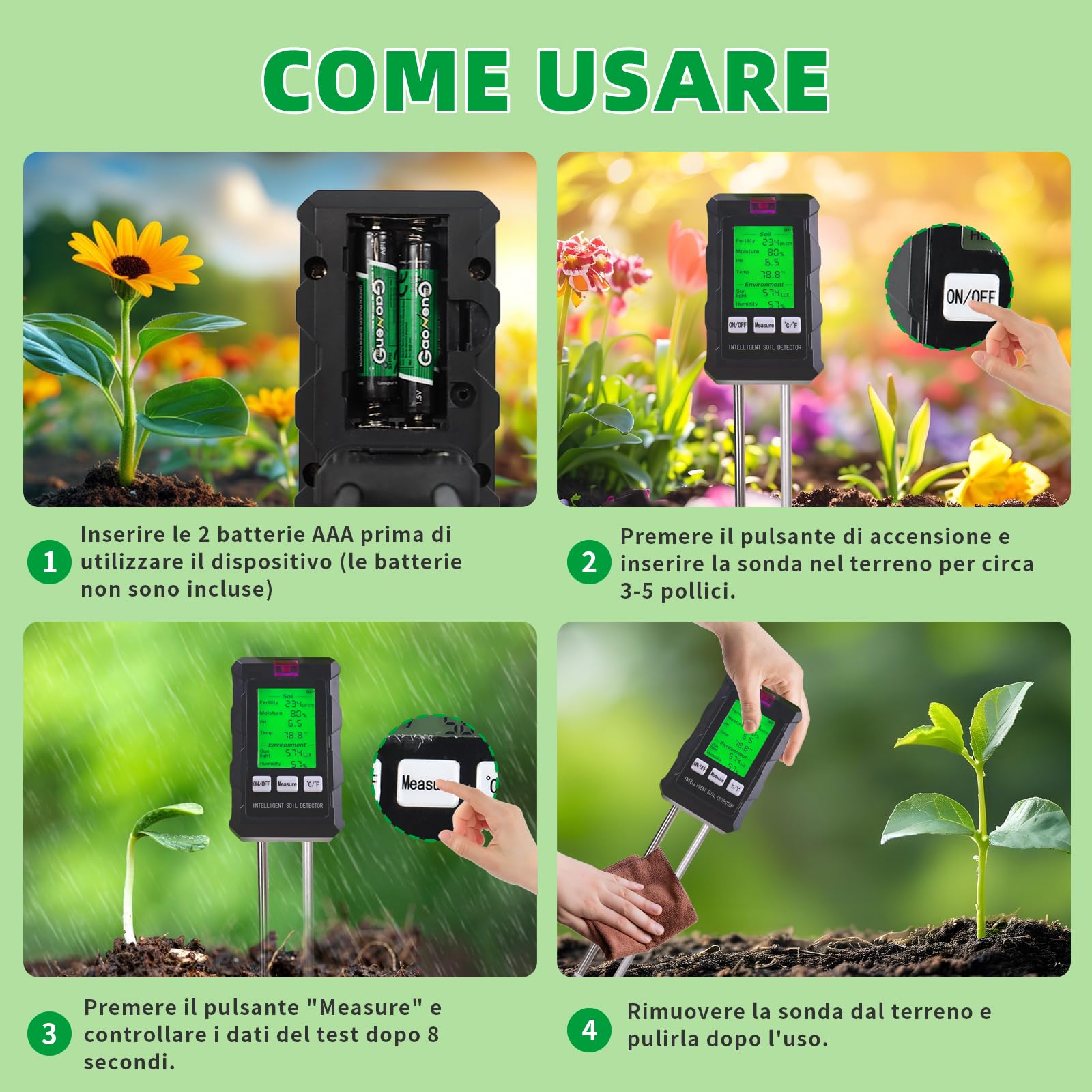 Misuratore PH Terreno 6 in 1,Igrometro Piante con Fertilità del Suolo/Umidità/pH/Temperatura/Luce Solare/Umidità Ambientale,Sensore Umidità Terreno per Giardinaggio,Prato,Agricoltura,Piante da Esterno
